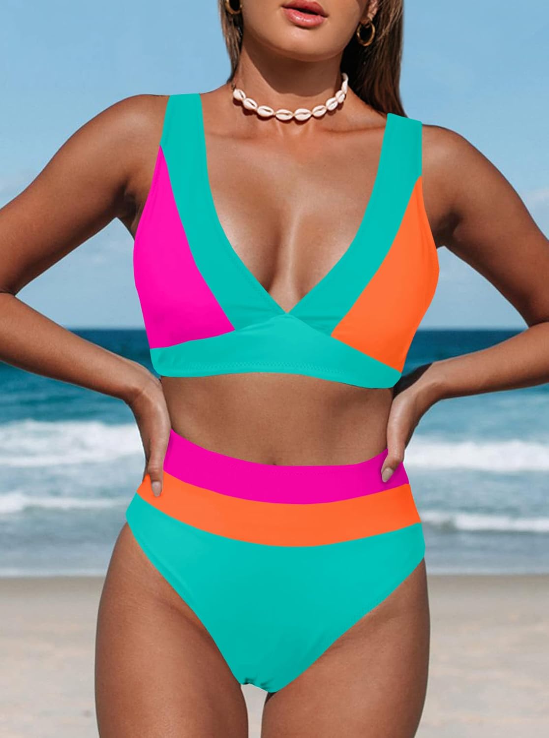 hilinker women's leopard bikini swimsuits v neck high waisted 2 piece bathing suits small green pink orange b