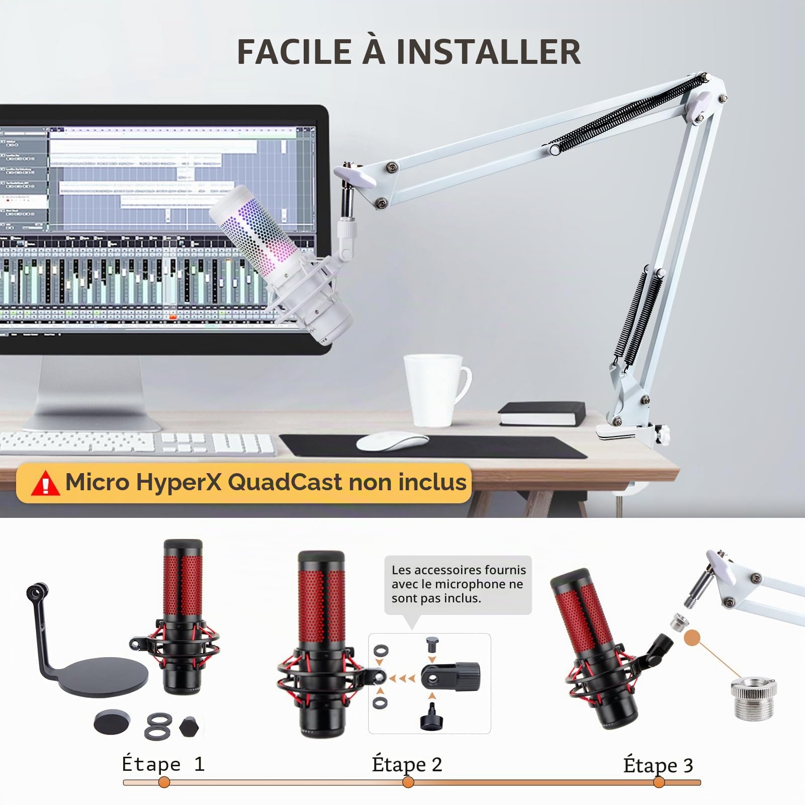 SUNMON HyperX QuadCast S Bras de Micro, Pied de Micro avec Pince de Bureau, Filtre Anti-pop, Support de Microphone pour QuadCast S2, Blue Snowball, Blue Yeti, HyperX SoloCast, Blanc