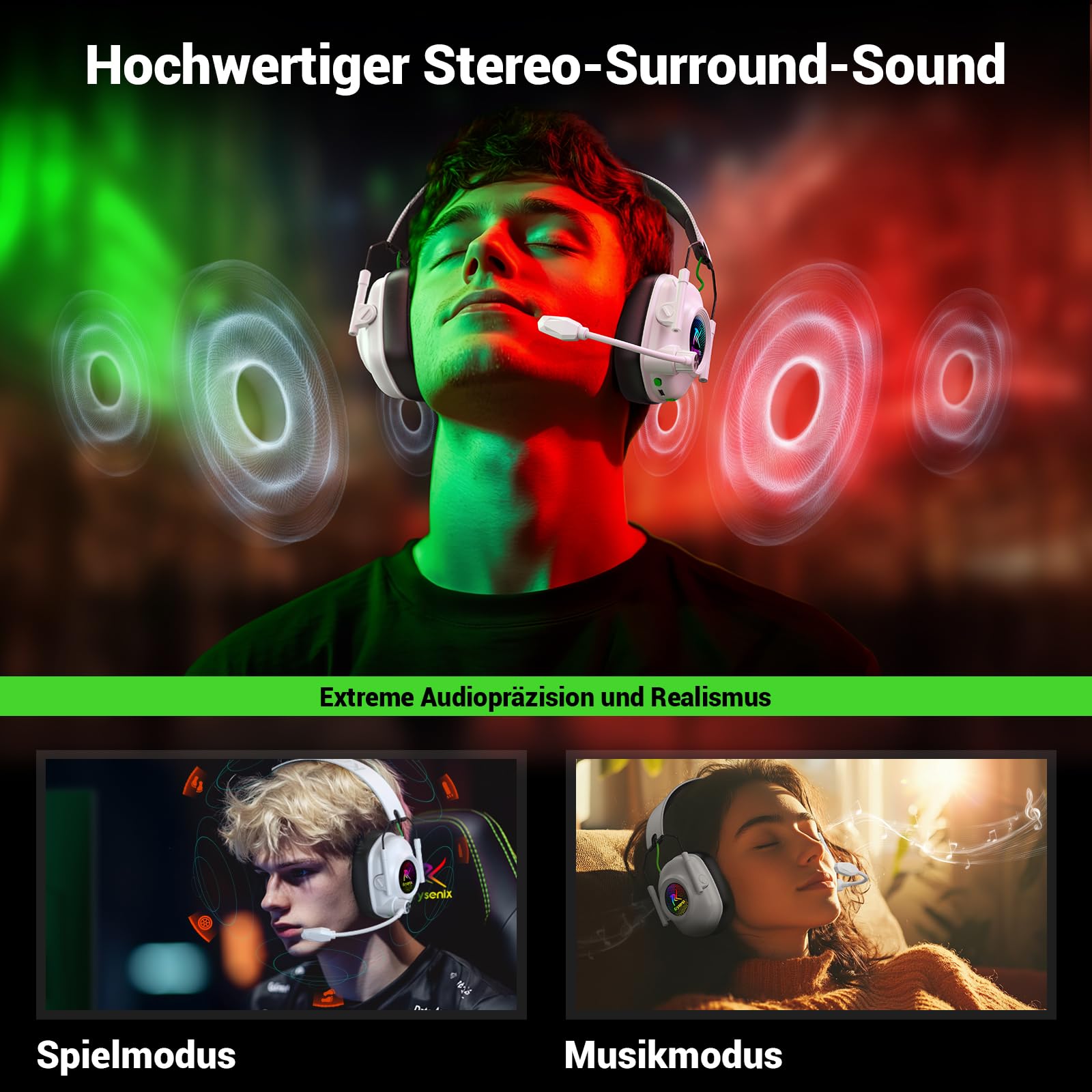 Krysenix KGH2 Gaming Headset Wireless für PS4, PS5, PC, Mac, Switch, 2.4GHz Faltbares Kabelloses Headset mit Mikrofon&LED, 40H Akkulaufzeit, Reines Weiß