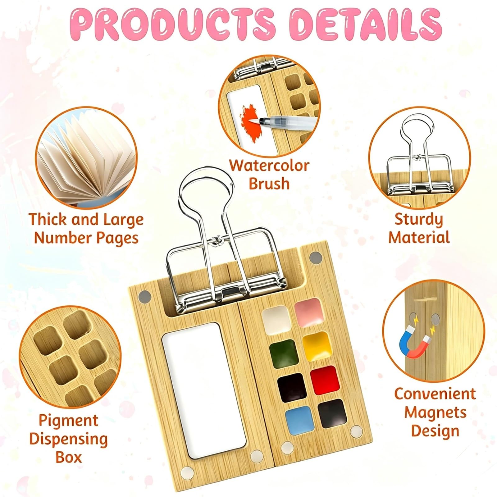 5 Mini Aquarell Travel Set, 8-Fächer Pocket Aquarell Set aus Bambus, Tobios faltbares Aquarellset, für Maler, Künstler und Studenten (inkl. Skizzenbuch, Palette, Metallklammer, Pinsel, Farben)