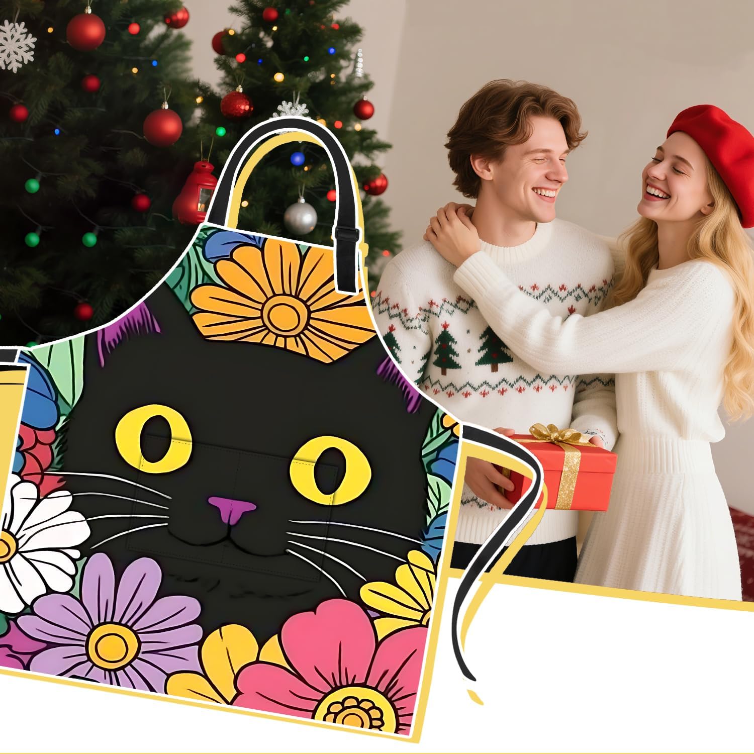 ANNA QUEEN Funny Cat Apron for Women Men with Pockets, Spring Sunflower Butterfly Apron Kitchen Chef Cooking Aprons