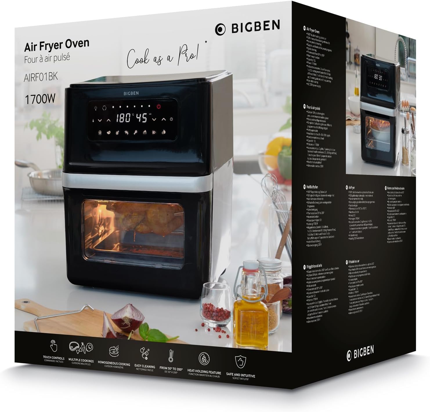 Freidora de aire BIGBEN XXL, 12 L, 1700 W, con ventilador, compacta, pantalla LCD, 8 programas, asador giratorio, cesta giratoria para freír, función para mantener caliente y accesorios incluidos, col