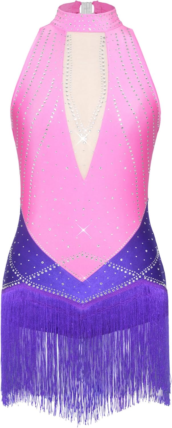 JEATHA Women Latin Dress Tassel Fringe Rhinestones Leotard Backless Jumpsuit Tango Rumba Salsa Dancewear