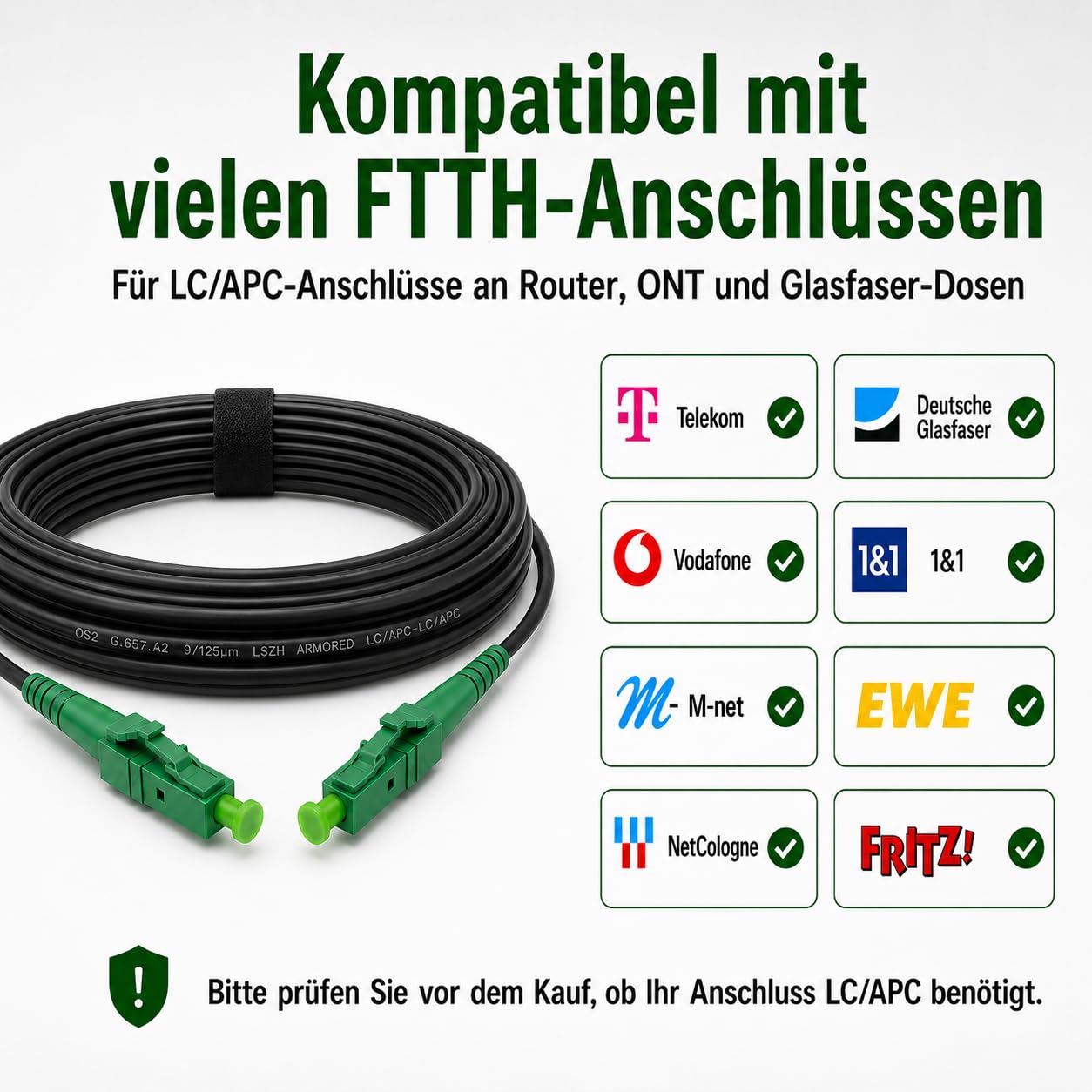 Câble Fibre Optique OS2 Monomode Simplex LC/APC vers LC/APC - 70m - 9/125 µm G.657.A2 - Blindé Acier - LSZH RoHS - Faible Perte - Noir