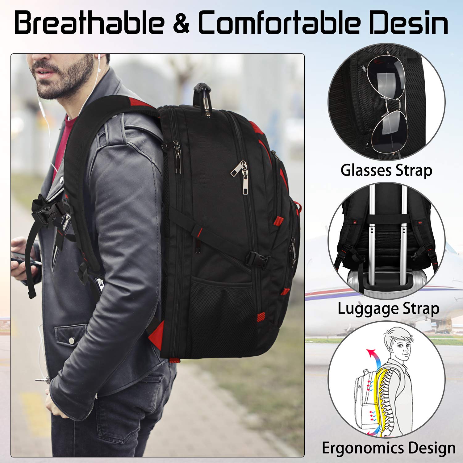 18.4 Laptop Backpack for Men, 55L Extra Large Gaming Laptops Backpack with USB Charger Port,TSA Friendly Flight Approved and RFID Anti-Theft Pocket,Water Resistant Suiltable for Traveling & Business
