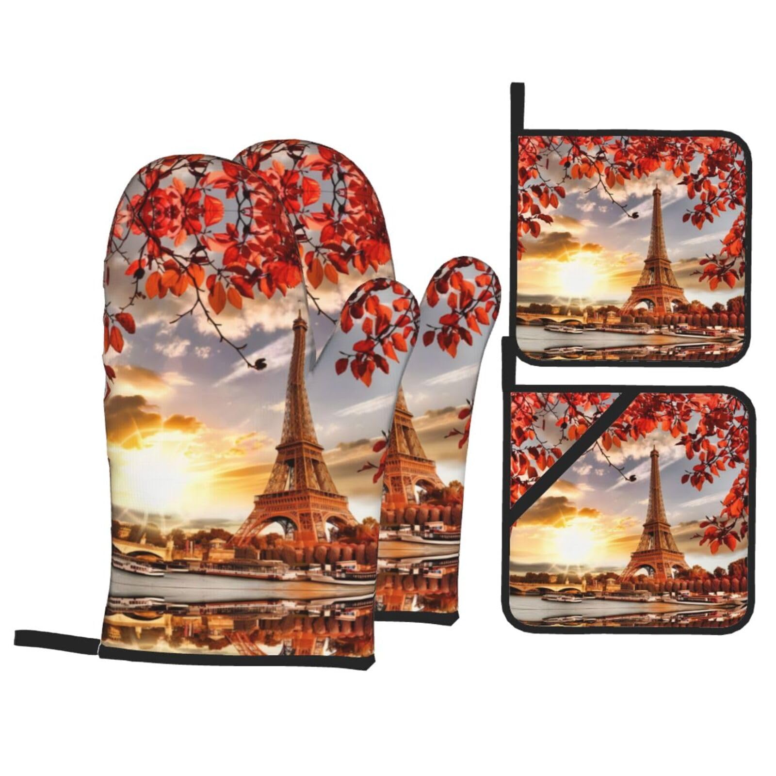 YYHHAOFA Paris Eiffel Tower with Autumn Leaves Prints Kitchen Baking Set with Heat Resistant Pot Holders & Oven Mitts - Waterproof Layer for Hot Dishes, Grill & Microwave