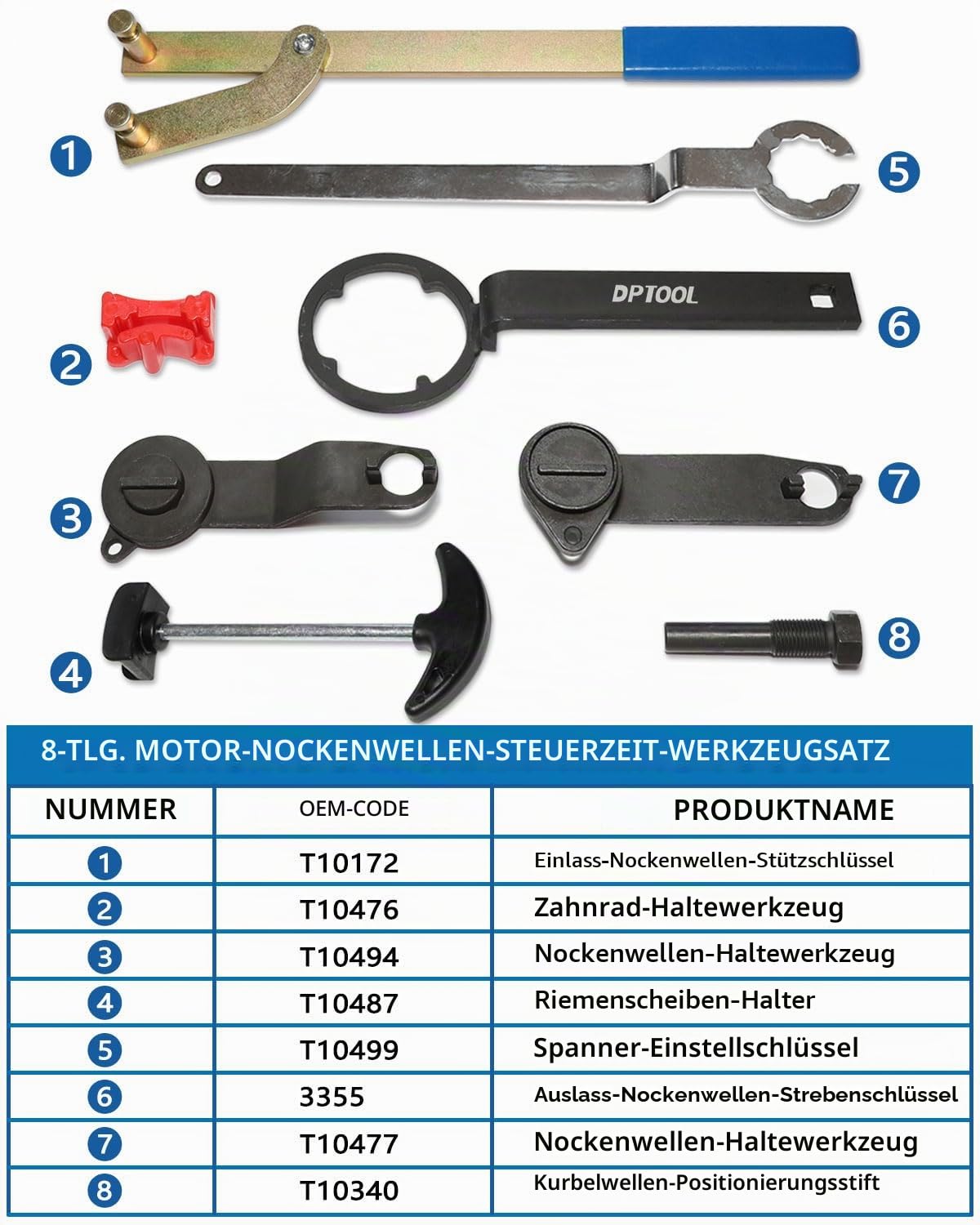 DPTOOL 8-teiliges Nockenwellenwerkzeuge, zahnriemen Werkzeug für VAG EA211 1.0L 1.2L 1.4L 1.6L FSI TSI TFSI, für VW Audi A3/Golf VII/Jetta/Skoda Octavia/Seat Leon
