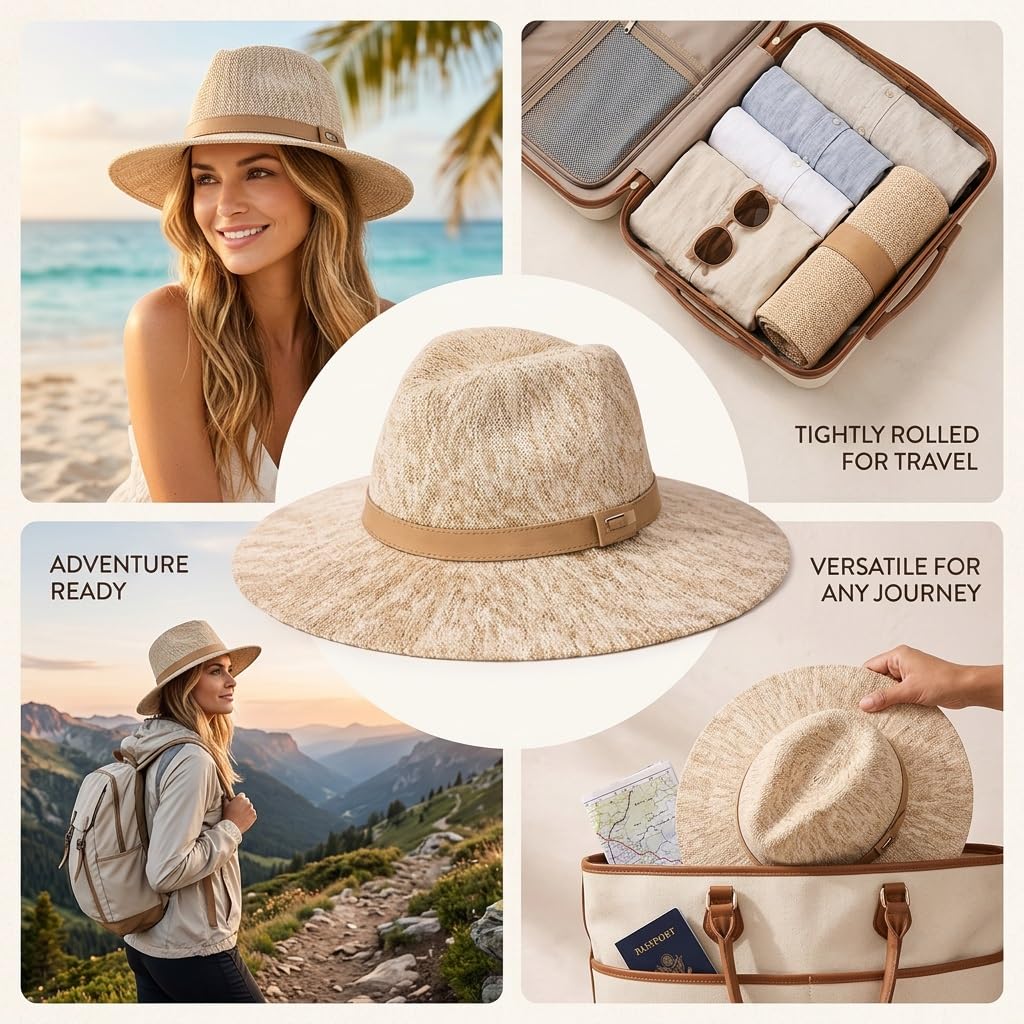 Cappello Fedora in Maglia per Donna, Cappello da Sole Pieghevole e Morbido, Leggero e Traspirante per Spiaggia, Vacanze, Viaggi, Escursionismo