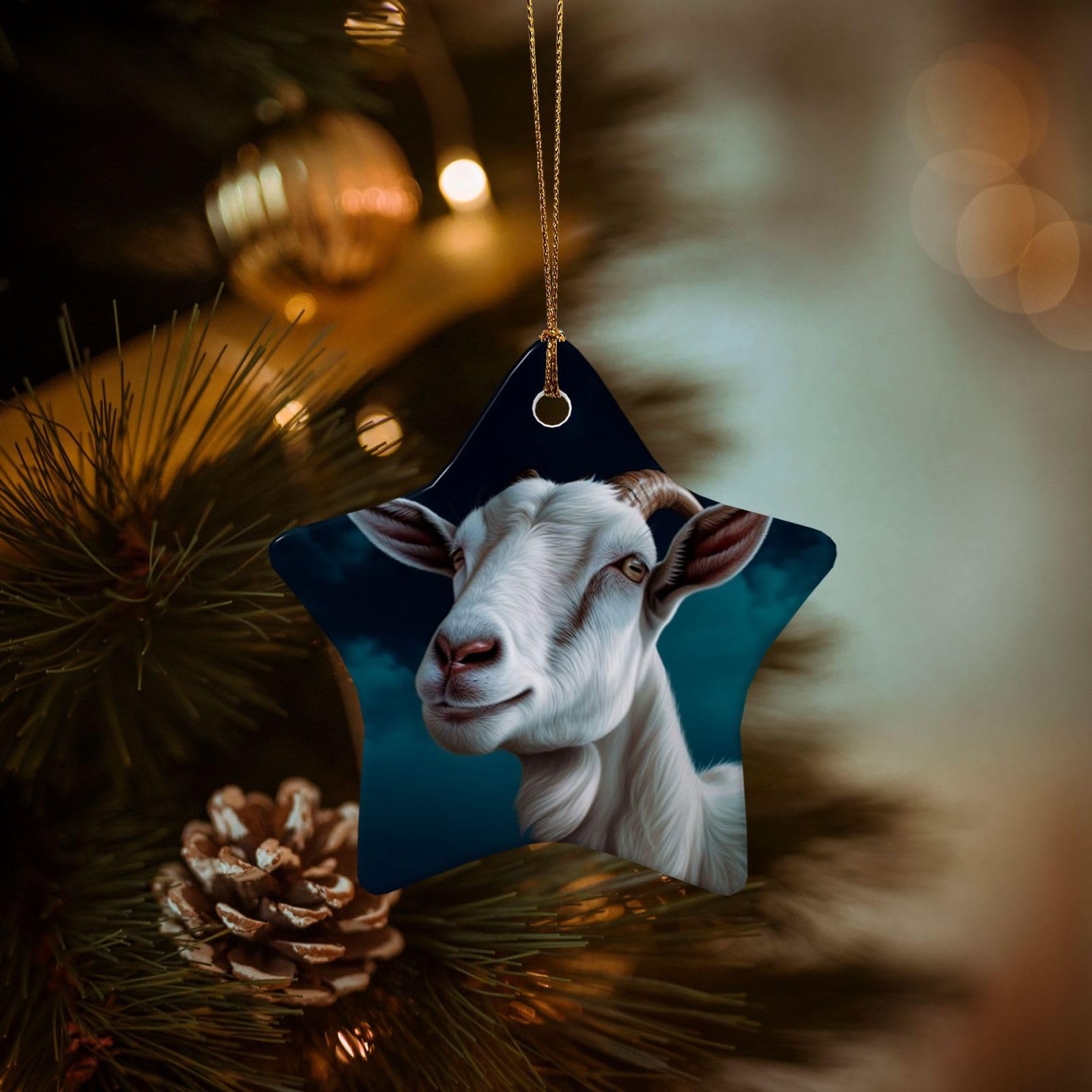 Christmas Ornaments for Christmas Tree Decoration Hanging Goat Ornament with Gold Ribbon Crafts Star Shape Ceramic Pendant for Keepsake Gifts Xmas Decor Party Supplies