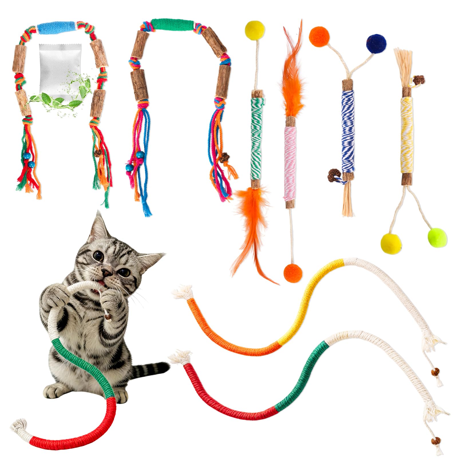 Silvervine para gatos con cuerda masticable y hierba gatera para la limpieza dental profunda