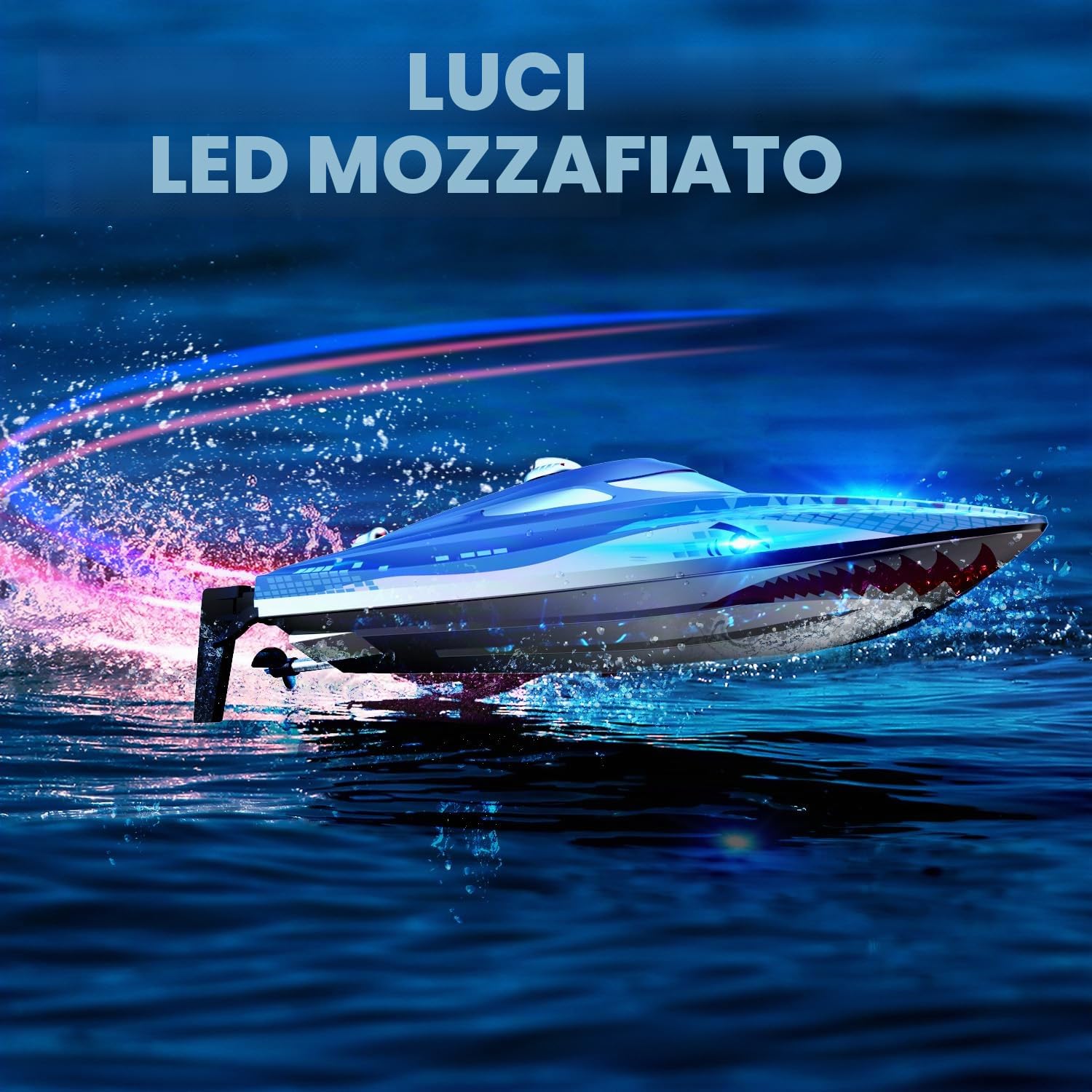 DEERC Barca RC con luce LED, barca a squalo telecomandata per piscine e laghi, barca radiocomandata da 20 km/h, barca da corsa da 2,4 GHz