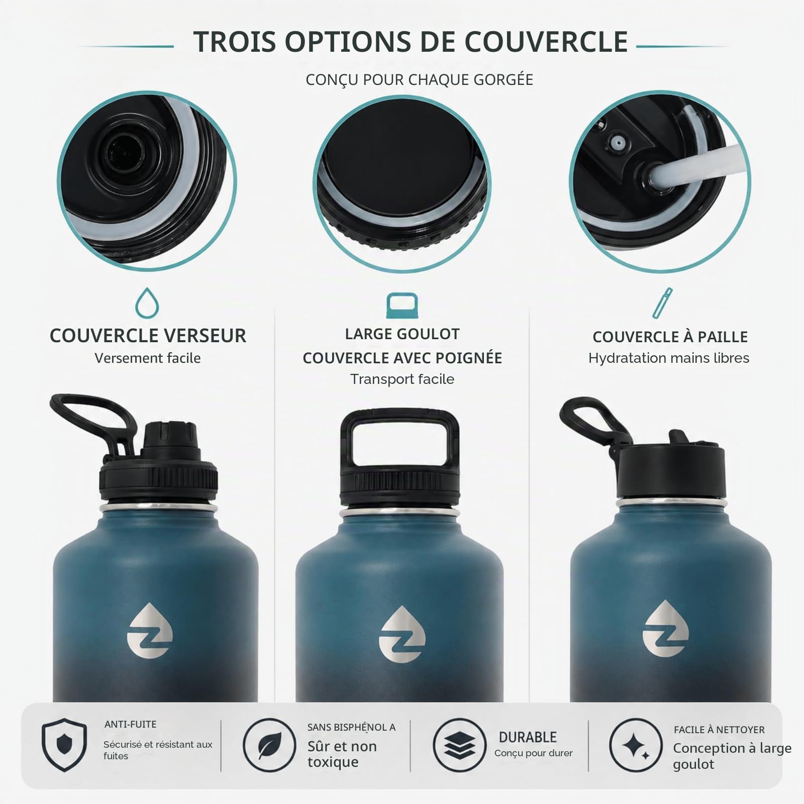 Gourde Isotherme 2l, Bouteille Isotherme avec Pailles et 3 Couvercles, Gourde Inox avec Poignée en Paracorde, Gourde 2l Étanche Sans BPA
