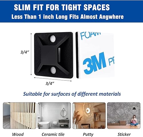 Miniatura 3 de Kit de 100 clips autoadhesivos para sujetar cables con pegamento trasero fuerte, 100 clips para organizar cables con bridas de 6 pulgadas, soportes