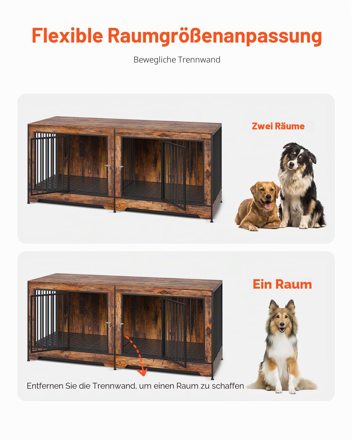 VEVOR Hundekäfig Möbel für 2 Hunde, 1901 x 670 x 824 mm Doppel-Hundebox für große Hunderassen mit Trennwand & Doppeltüren, Hundehaus aus Holz, Beistelltisch für mittelgroße und große Hunde, Braun