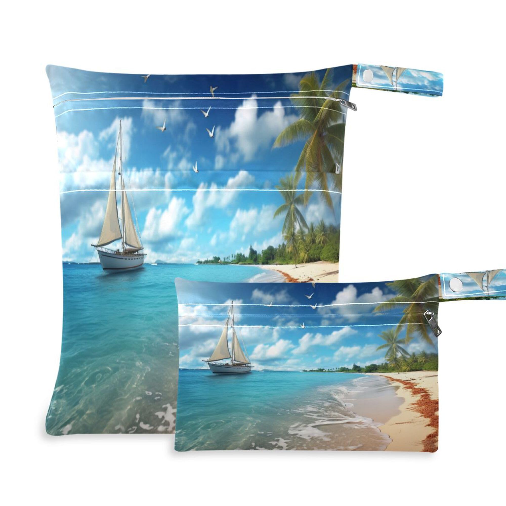 PYBUG Palm Tree Sea Wet Dry Bags Sets Waterproof Reusable with Two Zippered Pocket for Diaper,Swimsuit,Gym Clothes,2 Pack
