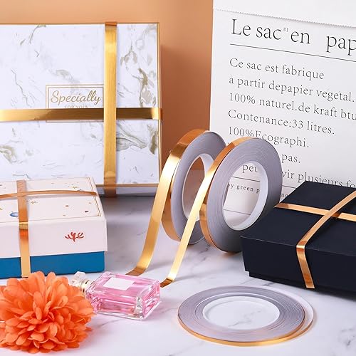 Miniatura 4 de Zonon 3 rollos de cinta Washi dorada de 0.2 pulgadas, 0.4 pulgadas, 0.6 pulgadas, 54.7 yardas, película metálica autoadhesiva de poliéster para