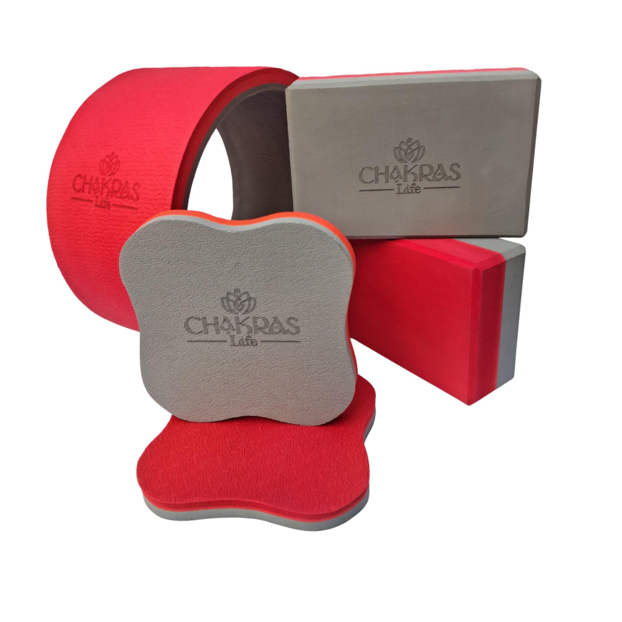 3-in-1 Yoga Kit - Yoga Wheel for Back Support, Knee Cushions (Pair), and High-Density Yoga Blocks (Set of 2) | Essential Props for All Levels | Red and Grey color-image-43