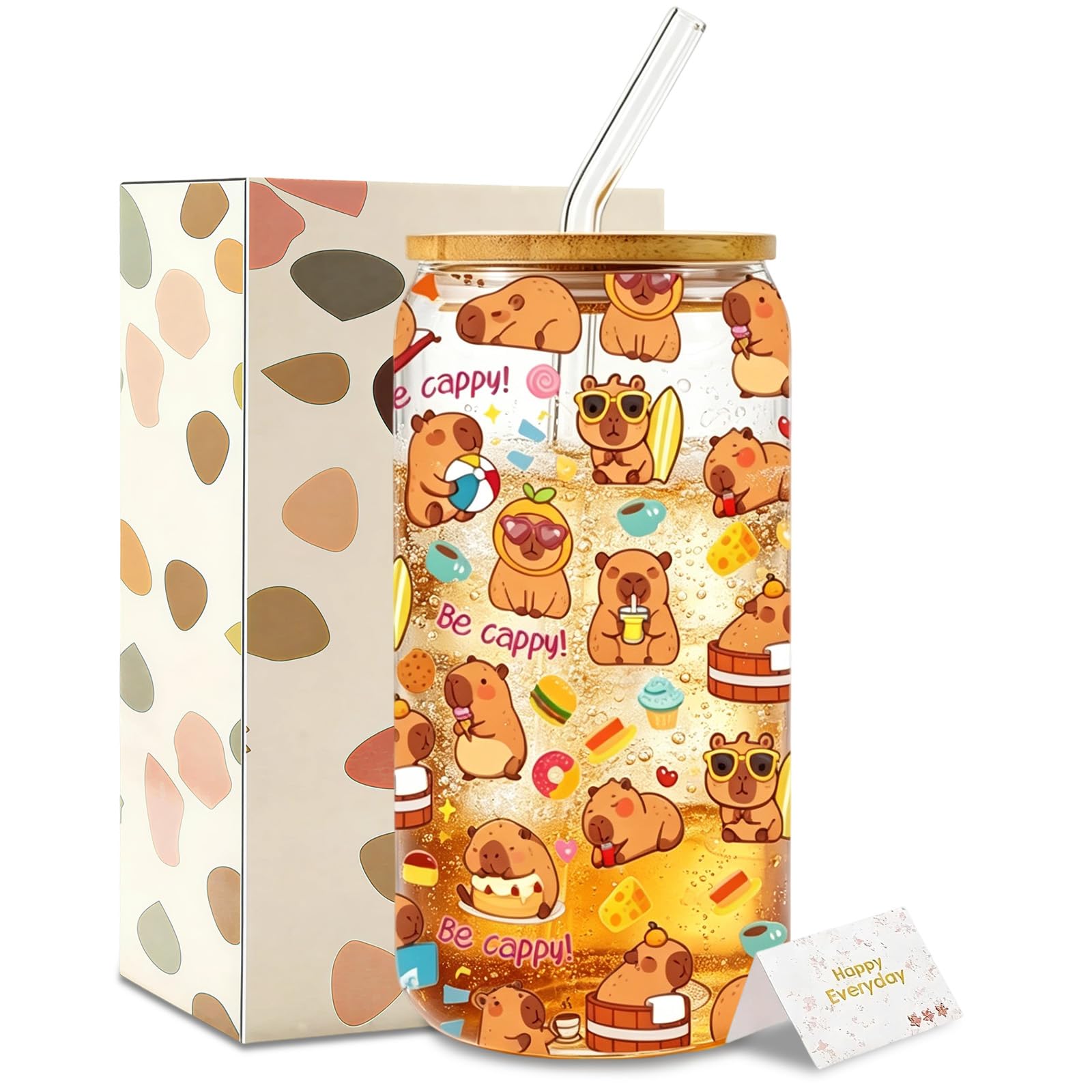 Nodrex Capybara Gifts for Women Girls, Colourful Capybara Cup with Lid and Straw, Glass Tumbler for Iced Coffee, Reusable Drinking Glass, Cute Coffee Cup Gift Box