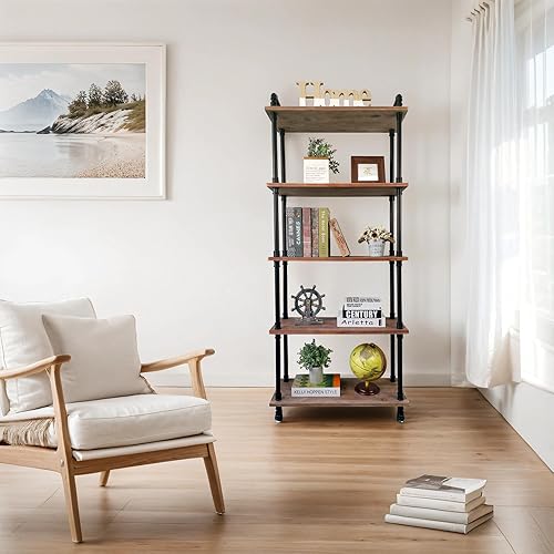 Estanterías industriales, estantería de tubo de madera, 5 estantes rústicos, estante alto de almacenamiento para sala de estar, cocina, oficina