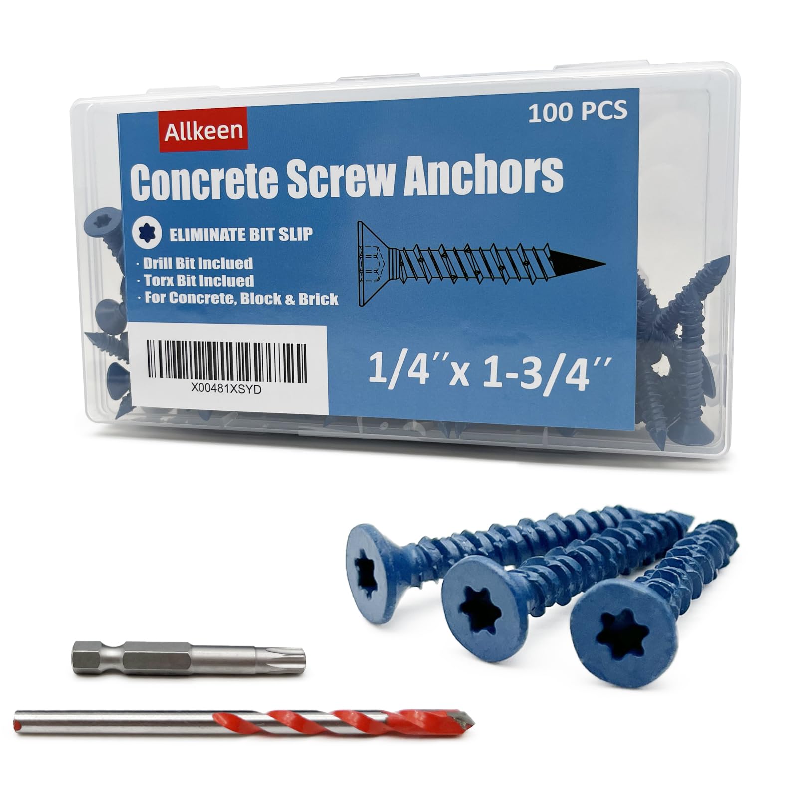 Allkeen 1/4" x 1-3/4" Concrete Screws, Anchoring to Masonry, Brick, Block, Cement or Stucco, 100PCS
