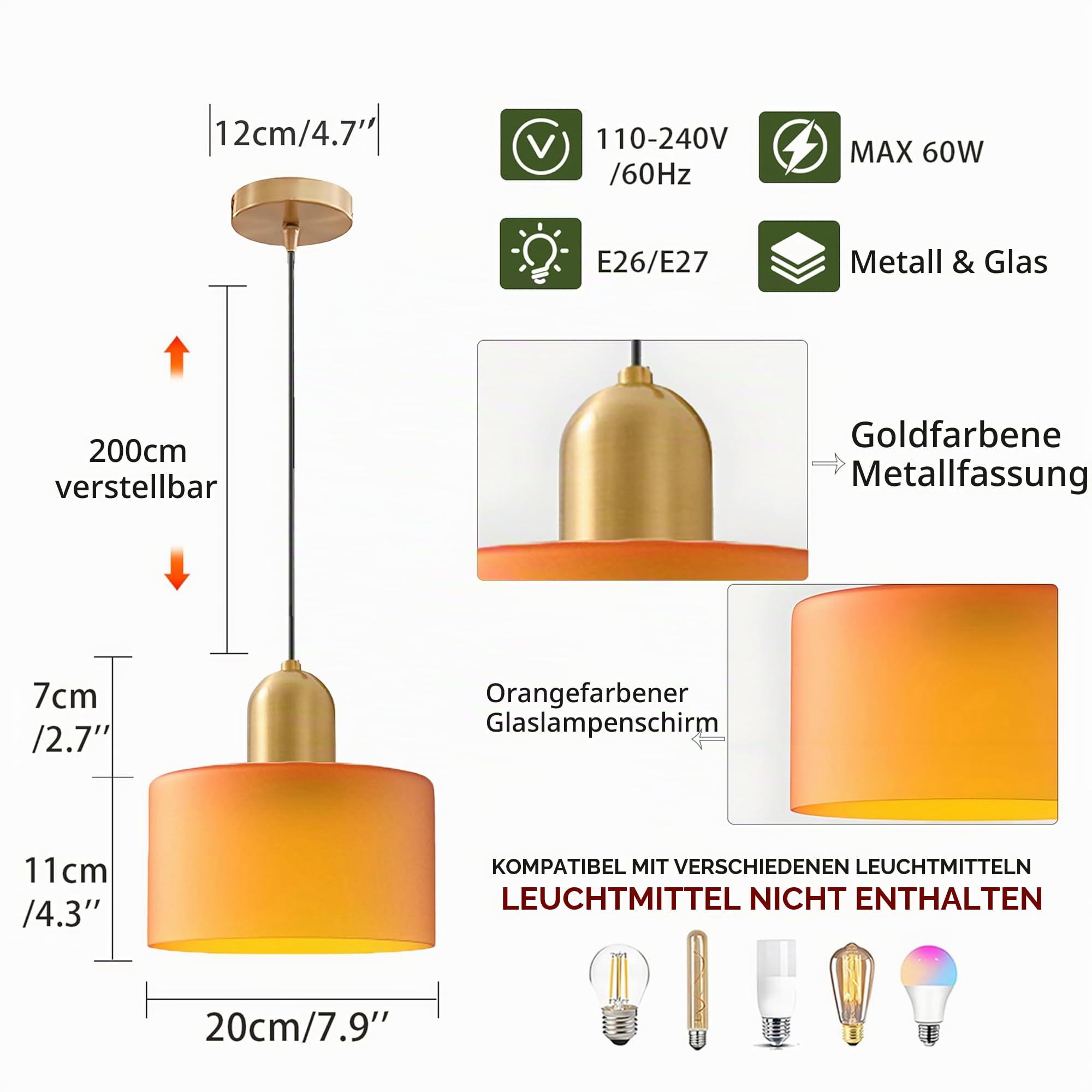 20cm Pendelleuchte Aus Glas Mit Buntem Schirm, Deckenleuchte In Gold Gebürstet, Höhenverstellbar, E27 Moderne Hängelampe Für Küche, Wohnzimmer, Schlafzimmer (Orange gefrostet)