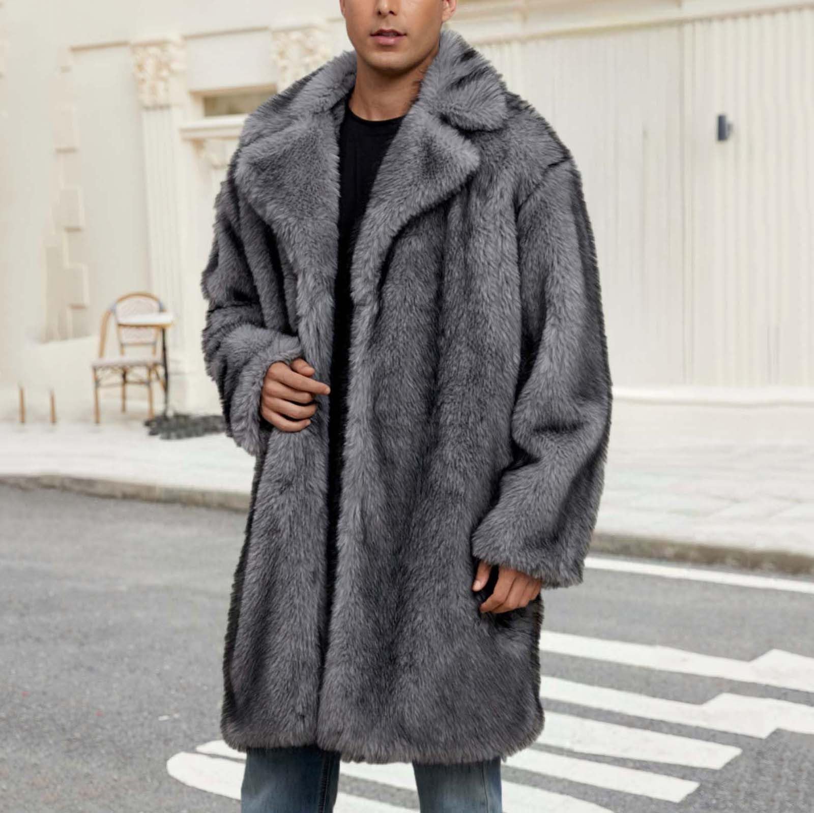 Abrigo de piel sintética para hombre, cárdigan largo de invierno con frente abierto, chaqueta de forro polar mullido, cuello vuelto, abrigo cálido, gabardina, gabardina, viajes, fiesta
