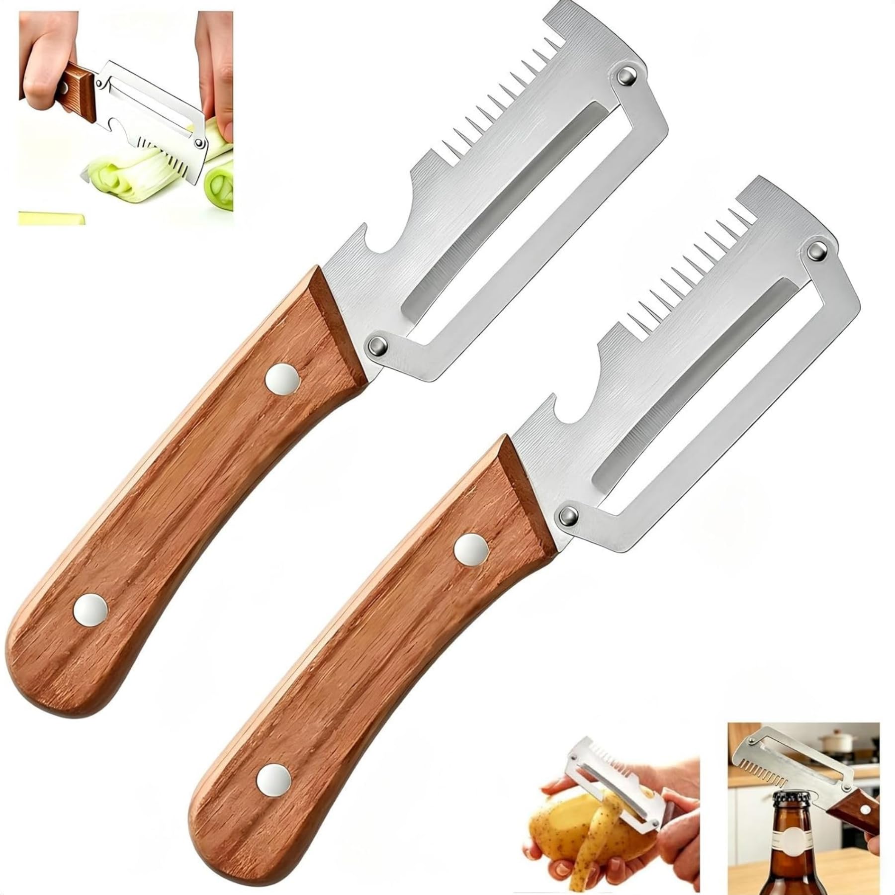 Photo 1 of 2PCS Multifunctional Vegetable Peeler,Premium Vegetable Peeler with Wooden Handle,New 3-in-1 Peelers For Kitchen with Bottle Opener,Suitable for Peeling Fruits and Shredding Scallions