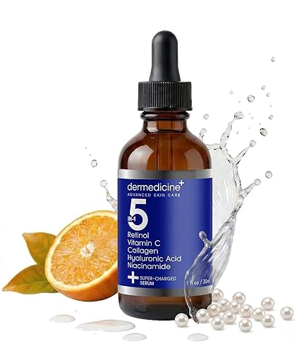 Potente suero facial 5 en 1 con retinol, vitamina C, colágeno, ácido hialurónico, niacinamida | Puede ayudar a mejorar la apariencia de líneas finas