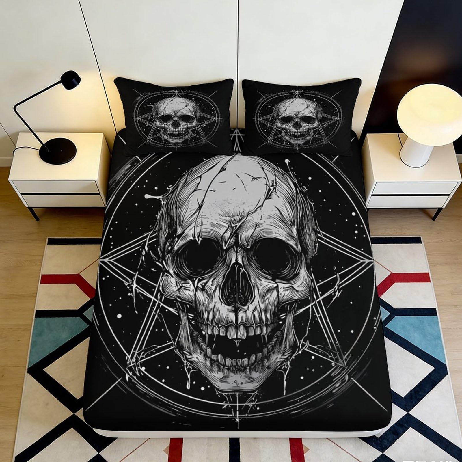 3D Printed Skull Fitted Sheet Microfiber Deep Pocket Non-Slip Bedroom Skull Mattress Fitted Cover Washable 140x200x25cm