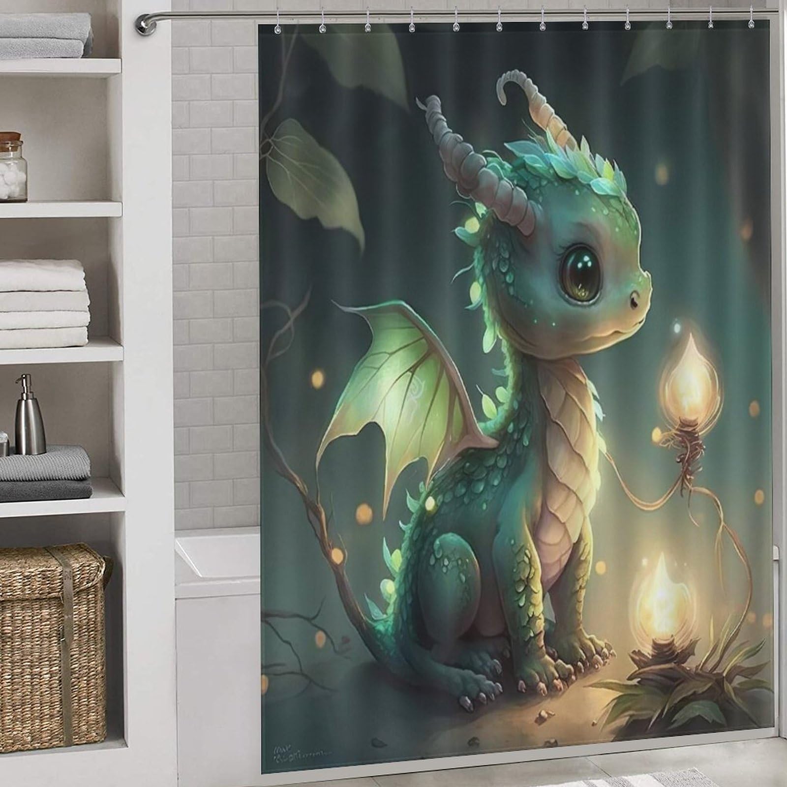 PAZZK Cute Dragon Shower Curtain for Bathroom Waterproof Polyester Fabric Shower Curtain Liner Bath Curtain with Hooks, Washable 66x72Inch（168x183cm）