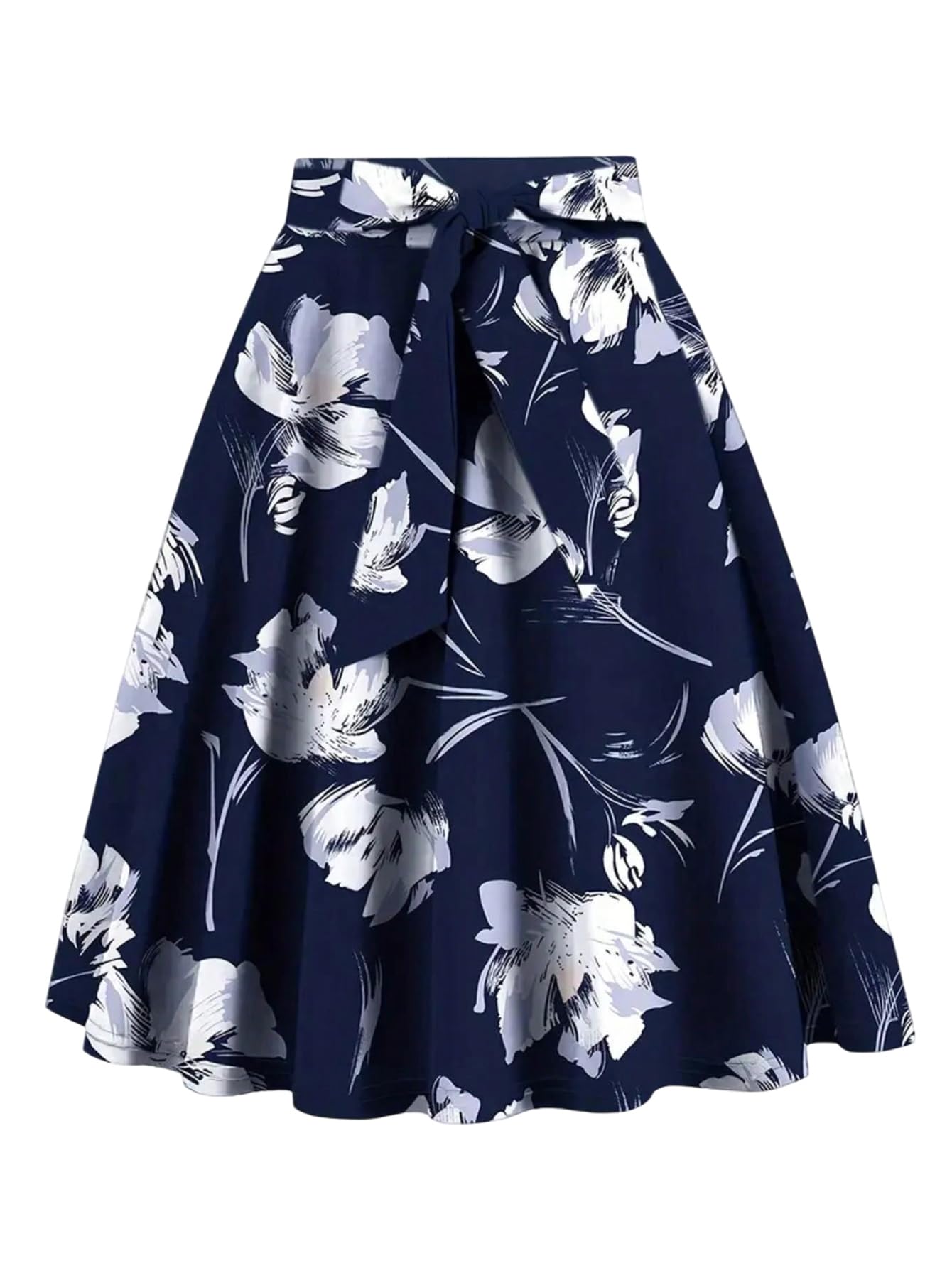 SHENHE Womens High Waist Floral Flowy Skirt A Line Belted Elegant Swing Vintage Midi Skirt