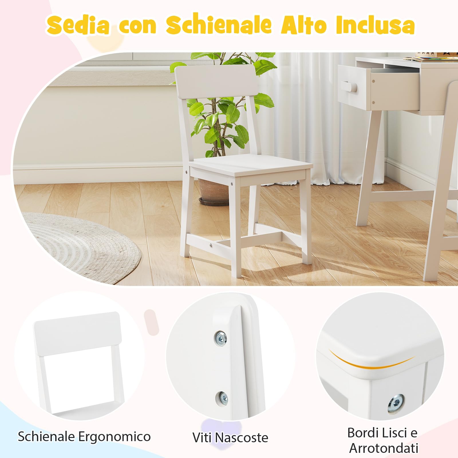 COSTWAY Set Tavolo e Sedia Bambini 3+ Anni, Scrivania e Sedia Legno Sicuro con Cassetto, Scrivania Ergonomica per Studio e Disegno (Bianco)