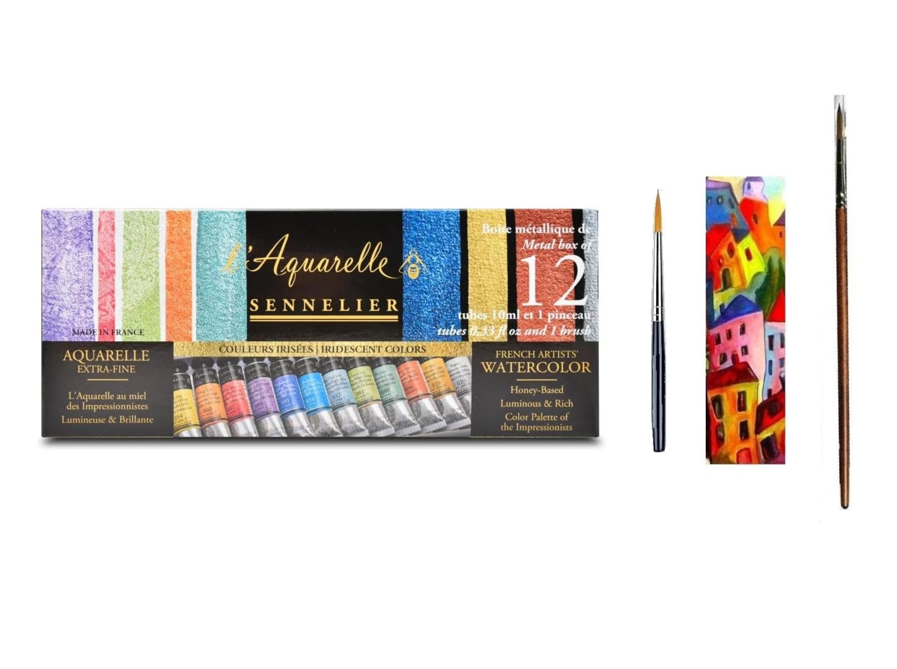 Sennelier Aquarellfarben-Set, extrafines, irisierendes Fines, Metalldose, 12 Farben x 10 ml, mit 2 Pinsel