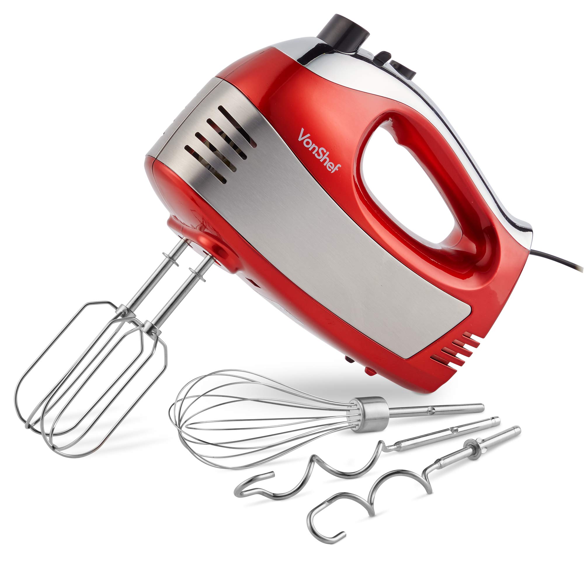 VonShef 400W Red Hand Mixer – Includes Stainless Steel Beaters, Dough Hooks, Balloon Whisk + 5 Speeds with Turbo Button