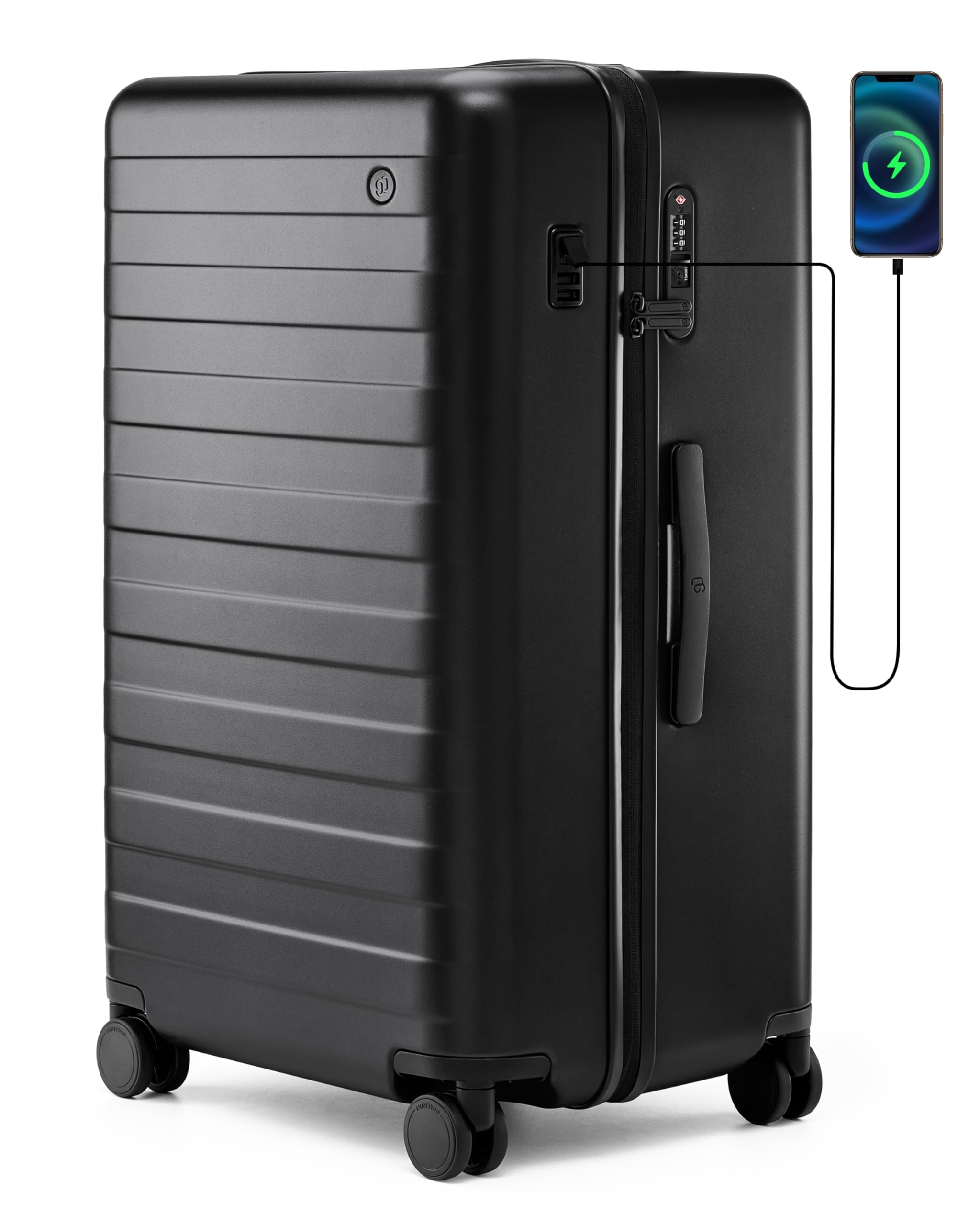 NINETYGO29 Inch Large Luggage, Trunk Suitcase with USB Charging Port, Hardside Checked Extra Large Luggage Bag with Spinner Wheels for Travel (105L, Pirate Black, Rhine Pro Plus)