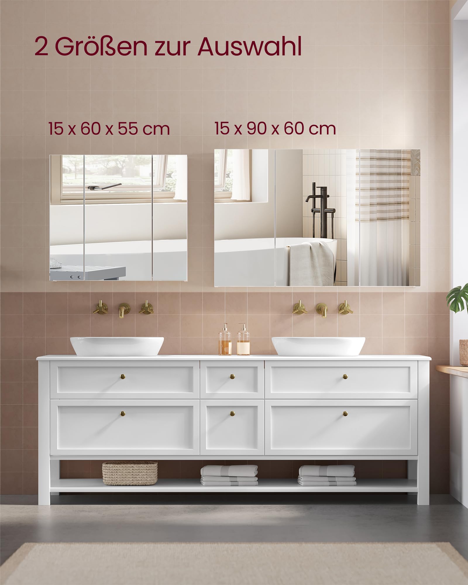 VASAGLE Kailyn Kollektion - Spiegelschrank, Badezimmerschrank, Aufbewahrungsschrank mit 3 Türen, fürs Badezimmer, 15 x 60 x 55 cm, mit verstellbaren Regalebenen, modern, weiß BBK22WT