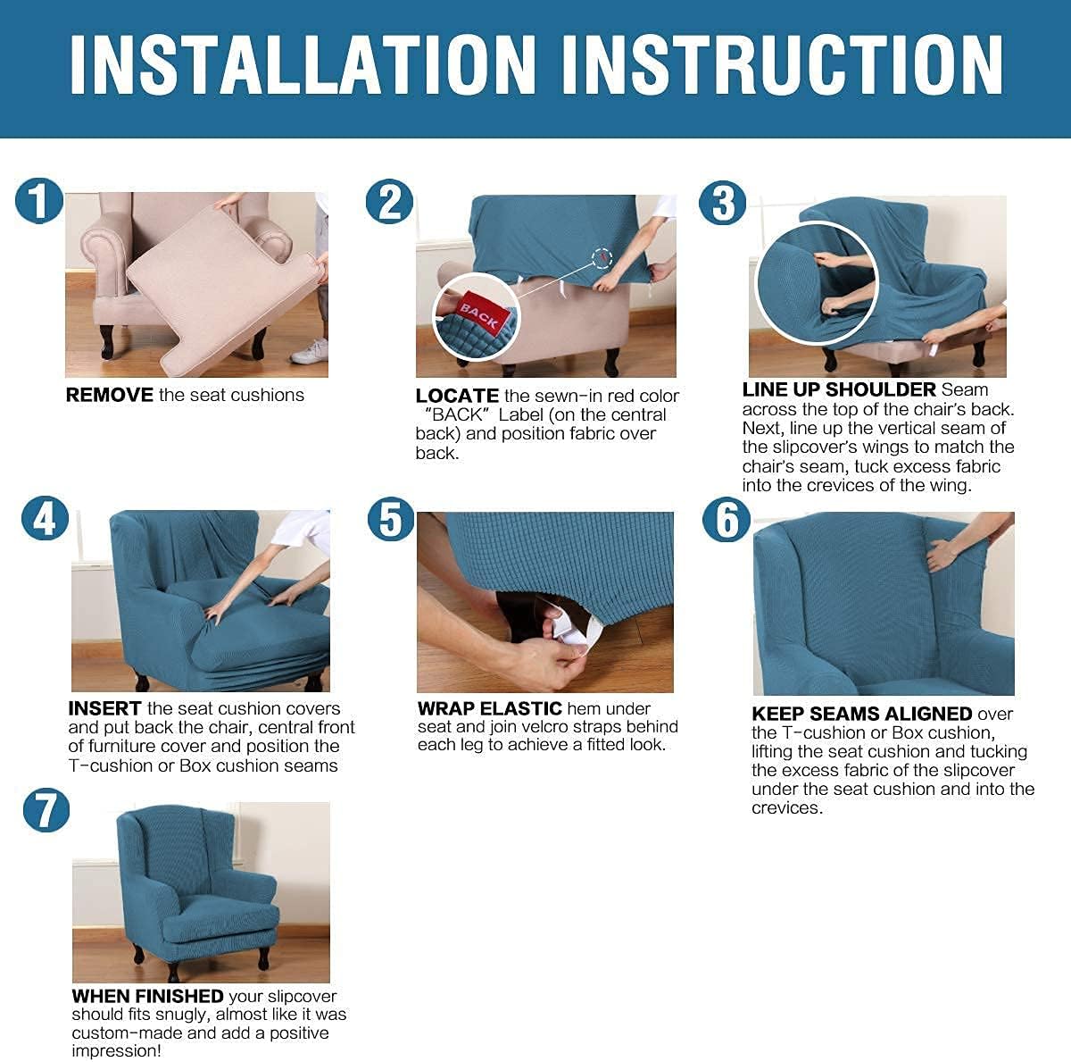 H.VERSAILTEX 2 Piece Wing Chair Covers Bundles Round Ottoman Slipcover(Medium, Dusty Blue)