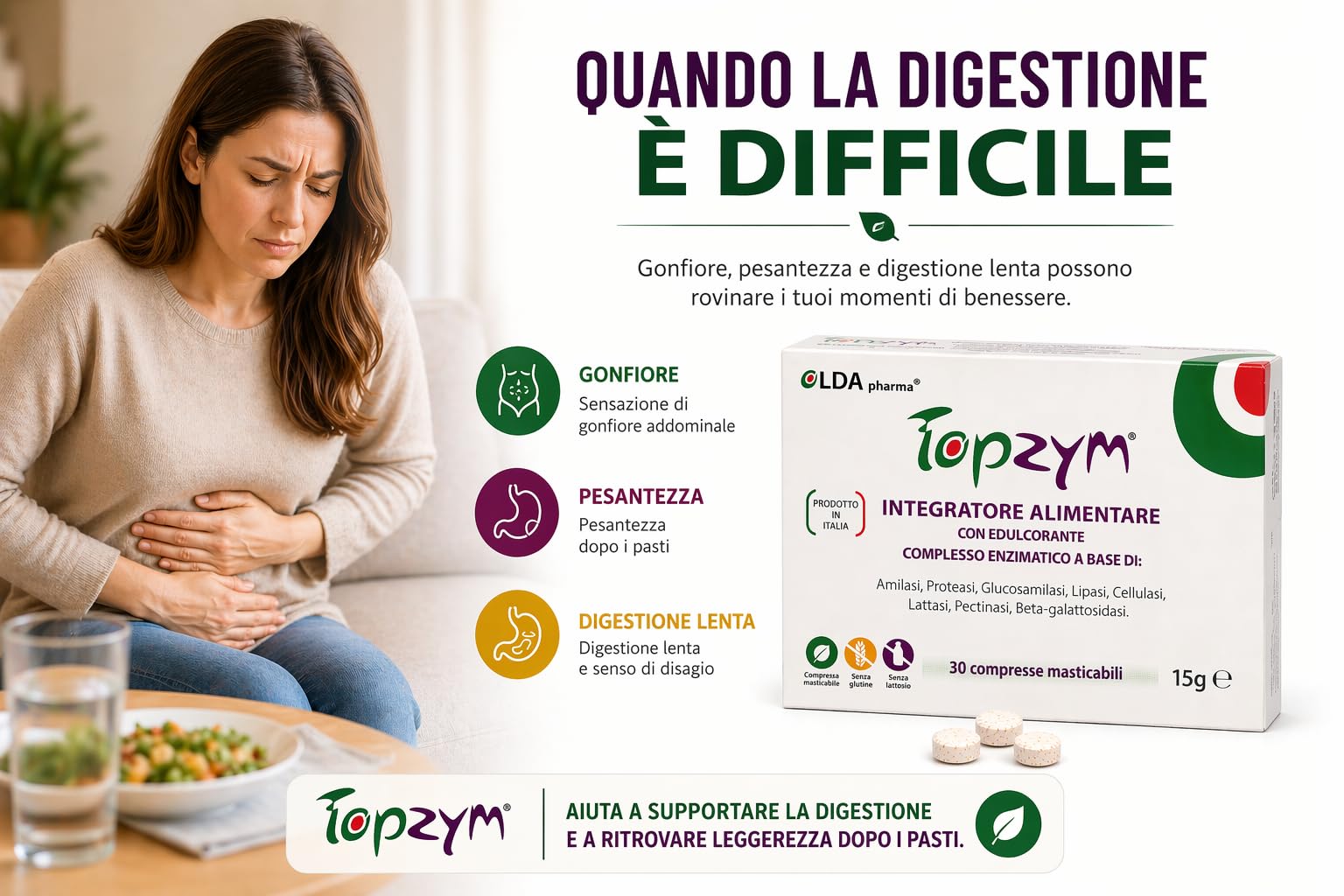 Topzym Enzimi Digestivi Completi – Integratore Digestivo Naturale per tutti i giorni - contro il Gonfiore Addominale - Digestione Rapida e Leggera - Kit 2 Confezioni