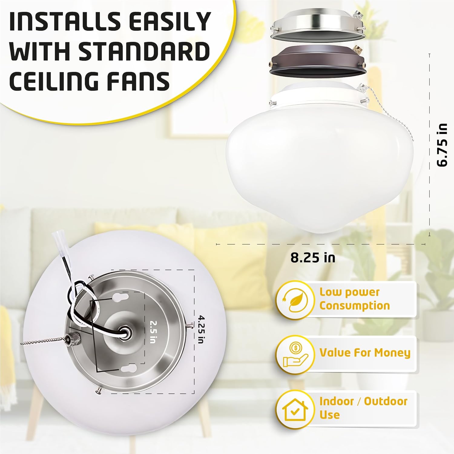 Ciata Schoolhouse Ceiling Fan Light Fixture Kit with White, Round Opal Glass Shade, Oil Rubbed Bronze Finish, Energy Efficient LED Bulb for Living Room or Bedroom