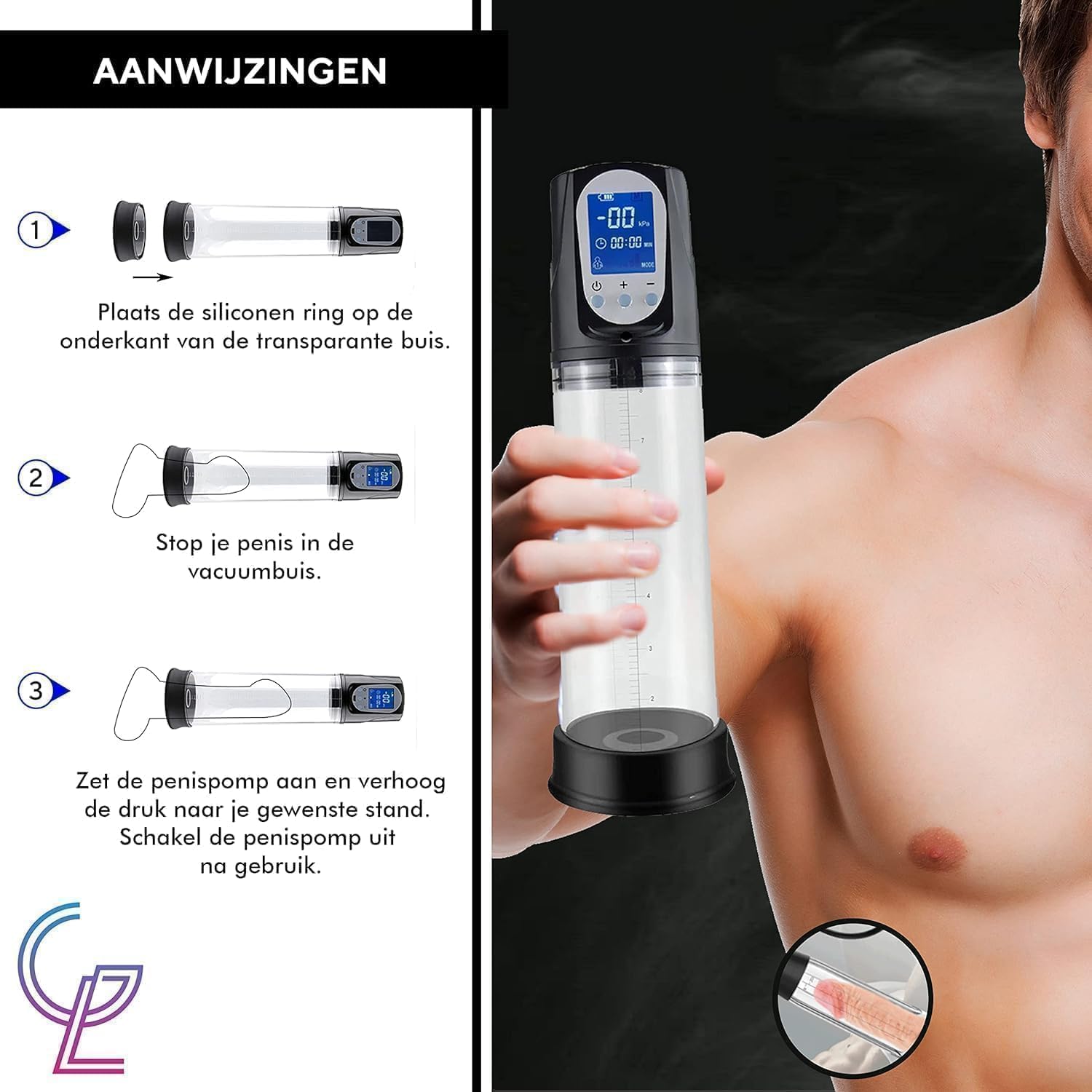 Bomba de Pene Automatica Deluxe para Hombres con Lubricante | Bomba de Vacio Electrica con 2 Anillos | Recargable USB | Pantalla LED | Agrandador