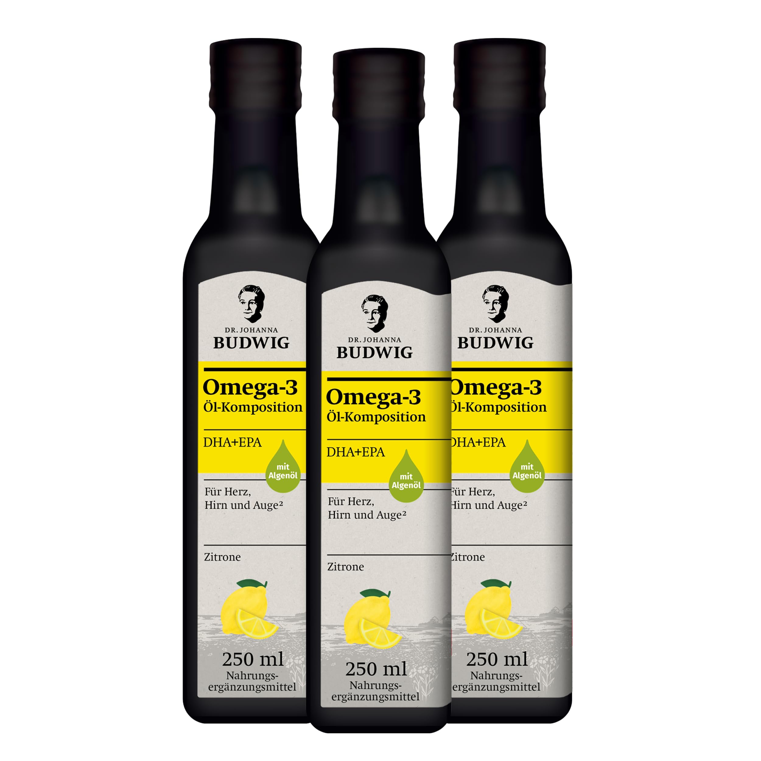 Dr. Budwig Omega-3 DHA+EPA Öl Zitrone (3x 250 ml) – pflanzliches Omega mit ALA – 97% Bio-Zutaten – 9,4 g Omega-3 pro Tagesportion – vegan