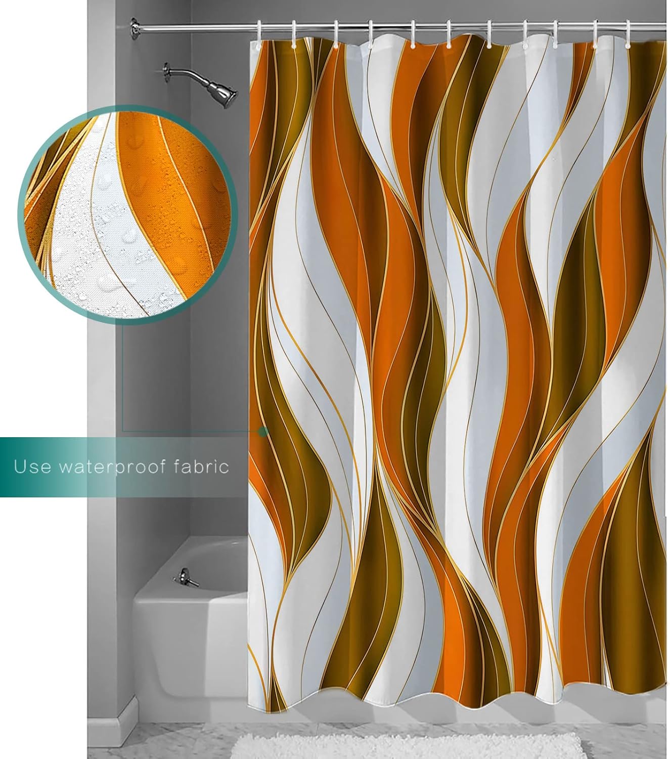 Shower Curtains for Bathroom Accessories, Orange Brown Polyester Fabric Bathtub Curtain with 12 Hooks, White Moire Geometric Modern Abstract Art Waterproof Shower Curtains 72 x 72 Inches
