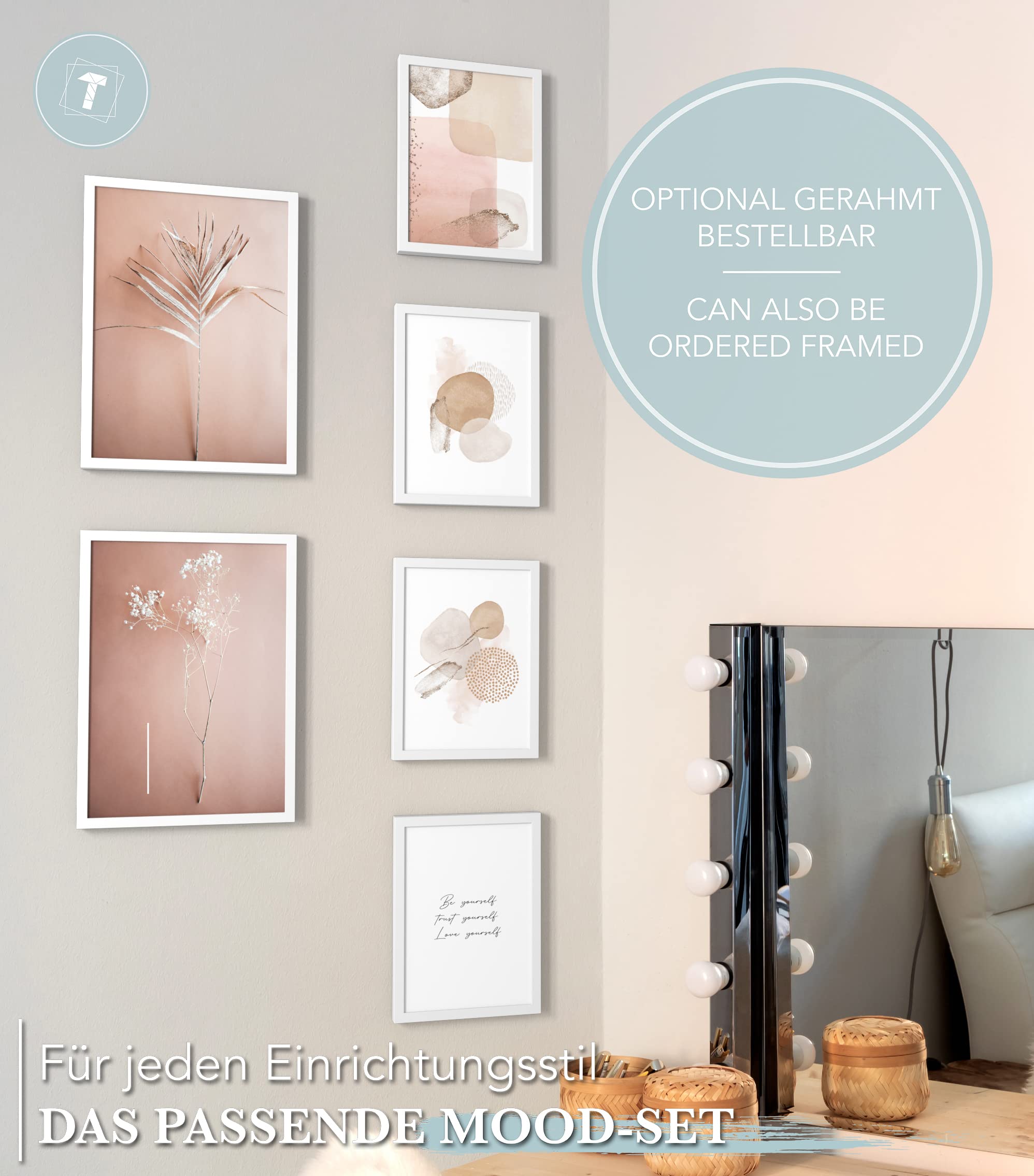 Papierschmiede Set Poster Murali Pampas Rose, 2x A4 E 4x A5, Stampe Beige Rosa Oro, Senza Cornice
