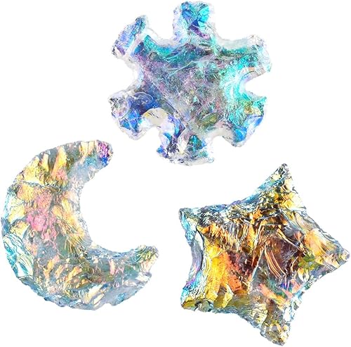 3 piezas de piedra de cuarzo Angel Aura, estrella cruda, hexágono y luna perforada cuarzo místico, manualidades de bricolaje, piedras preciosas para