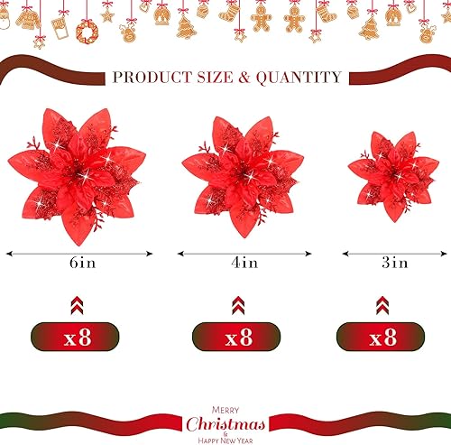 Miniatura 10 de 24 flores de Pascua artificiales con purpurina para Navidad, flores de Pascua artificiales para decoración de árbol de Navidad con clips para