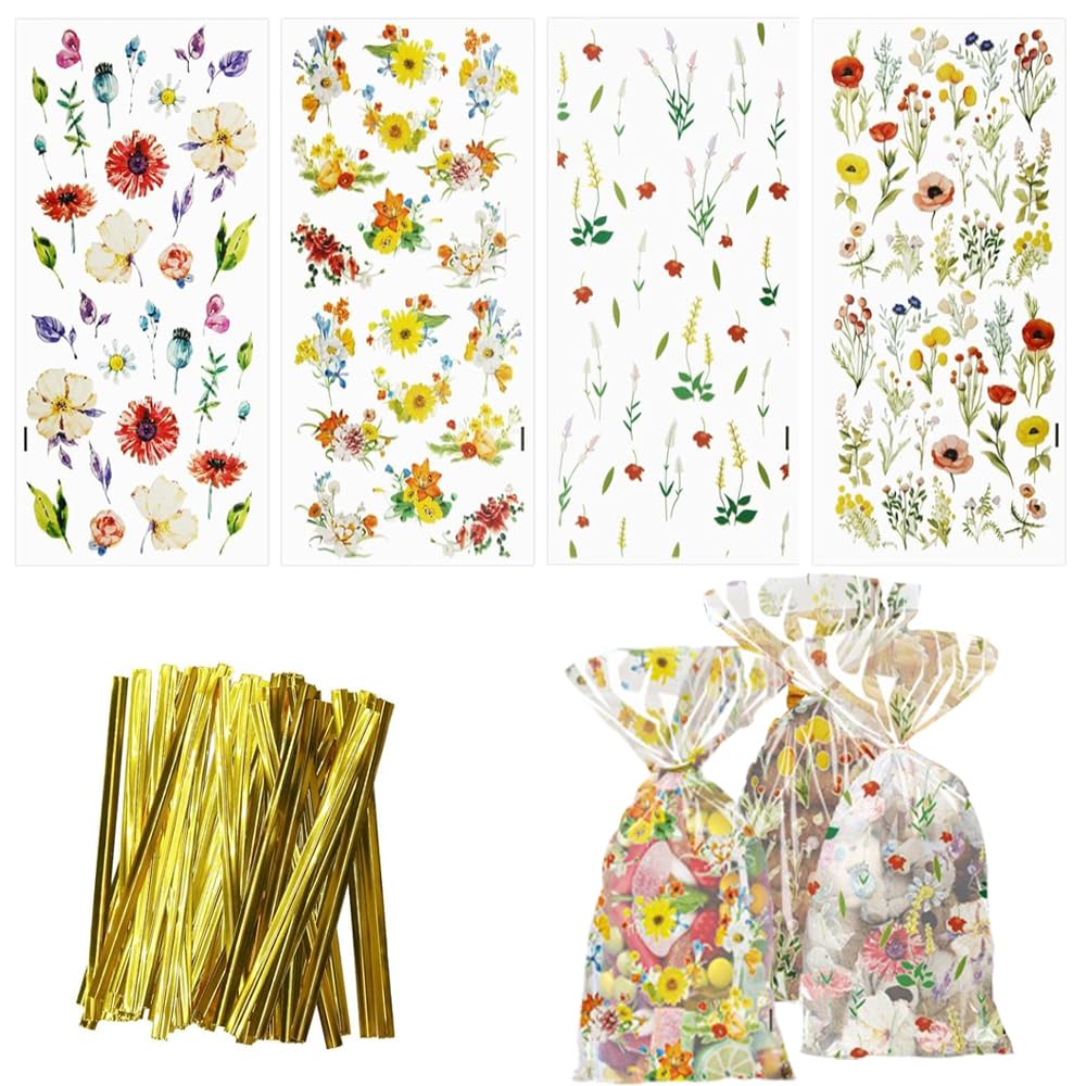 Wildflower Party Cellophane Treat Bags, with Gold Twist Ties, 100 PCS