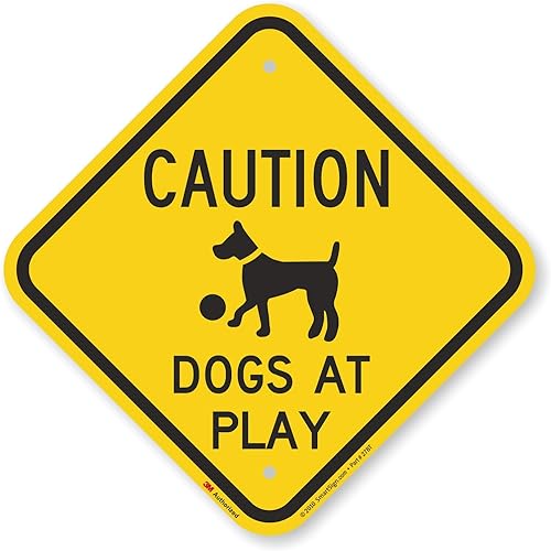 SmartSign - K-6748-EG-12x12-D1 Cartel "Precaución - Perros en Juego" | 12" x 12" 3M Aluminio Reflectante de Grado Ingeniero Negro sobre Amarillo