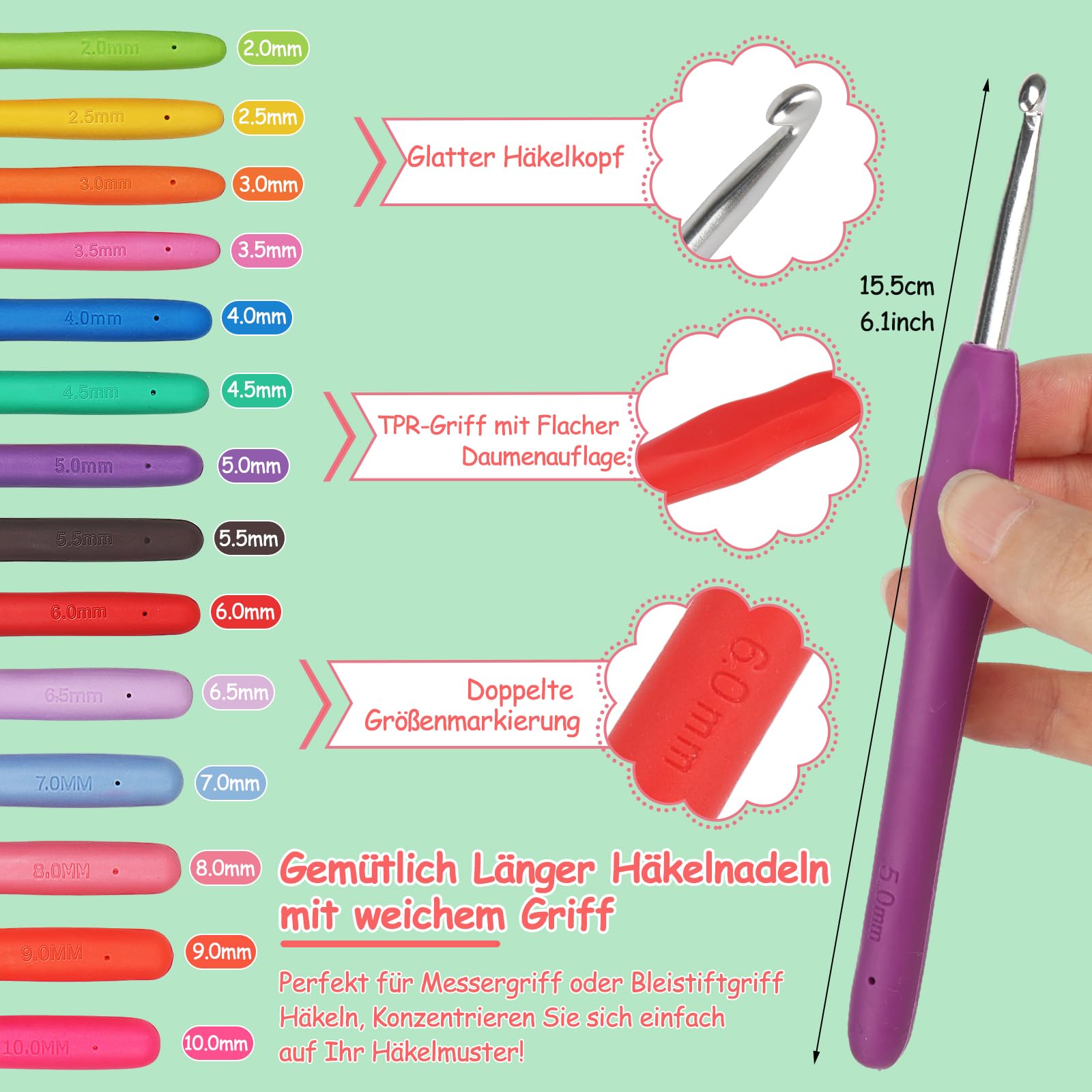 Coopay Kit de Crochet avec Sacoche - 14 Pièces 2,0-10 mm Aiguilles Ergonomiques pour Mains Arthritiques, Poignée Souple - Kit Débutants avec Accessoires