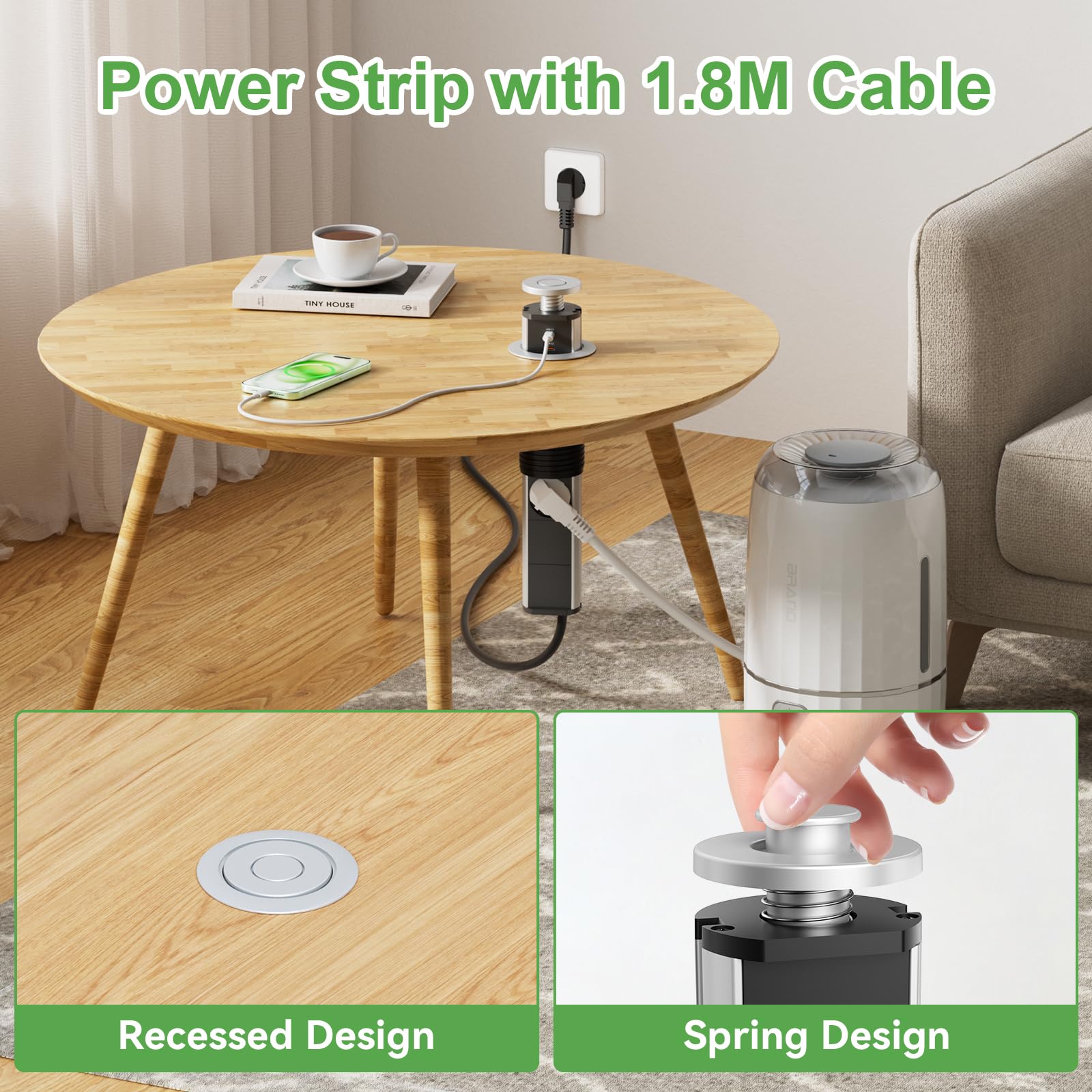Presa Scomparsa 3 Prese 2 USB e USB C, Multipresa Elettrica Scomparsa Presa per Piano di Lavoro Incassato per Cucina, Ufficio, Cavo 1,8m, Diametro 60mm