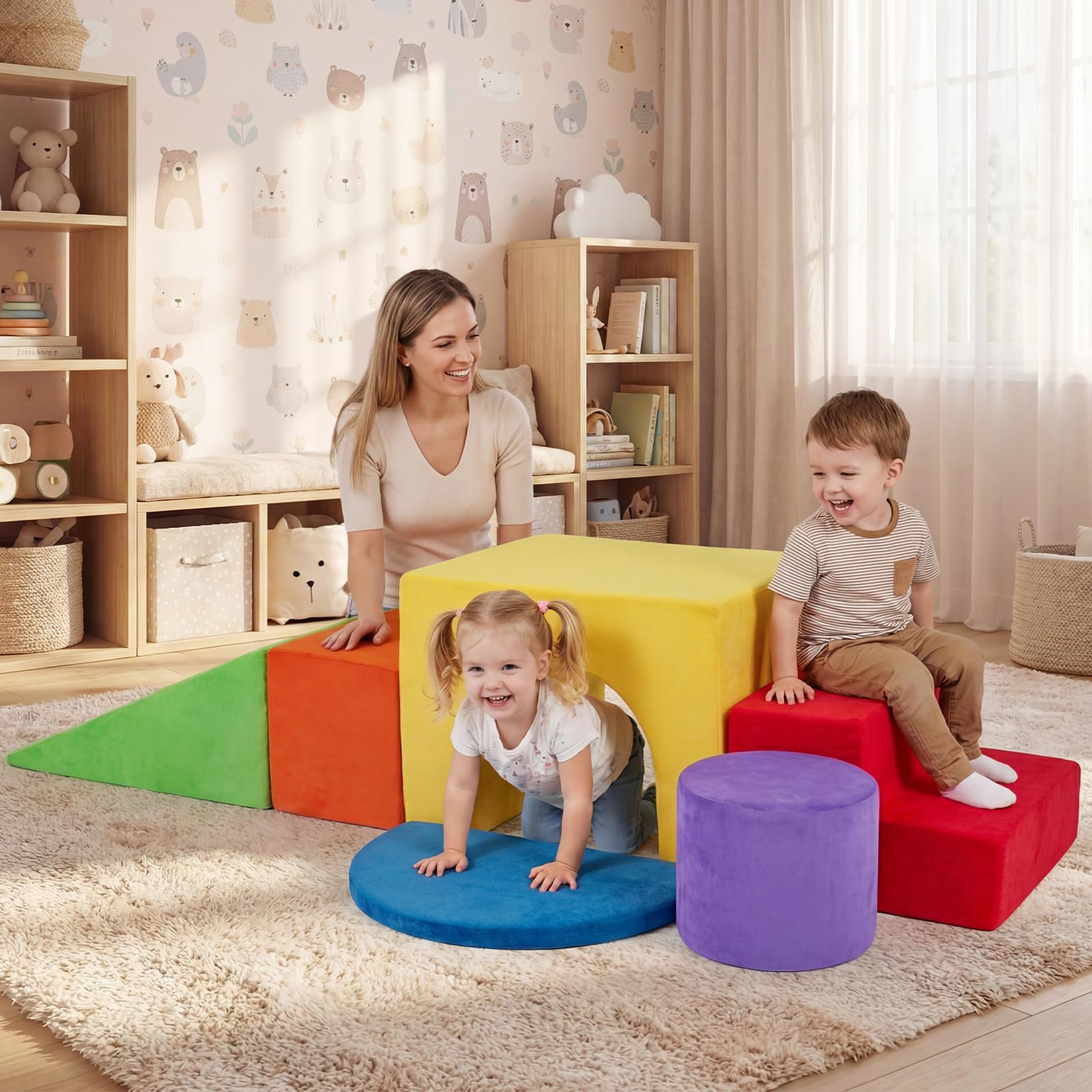 COSTWAY Juego de 6 Bloques de Espuma para Niños, Bloques Psicomotricidad Infantil de Espuma Suave con Fundas Lavables para Trepar y Gatear, Juguete Montessori para Niños de 3+ Años (Rojo)